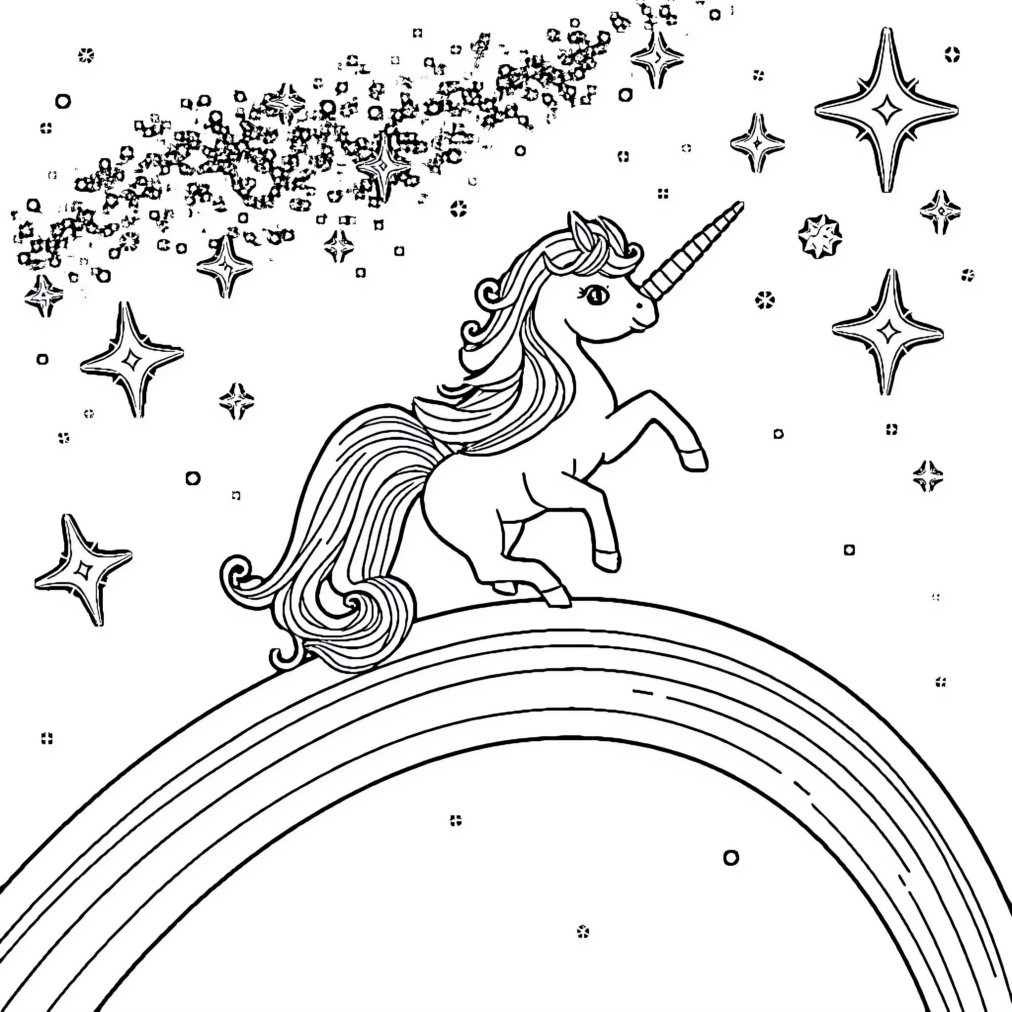 Unicorn galloping on a rainbow with sparkling stars Coloring Page (free black-and-white line drawing printable PDF for all, from beginners to advanced learners, including children, teens, adults, and seniors)