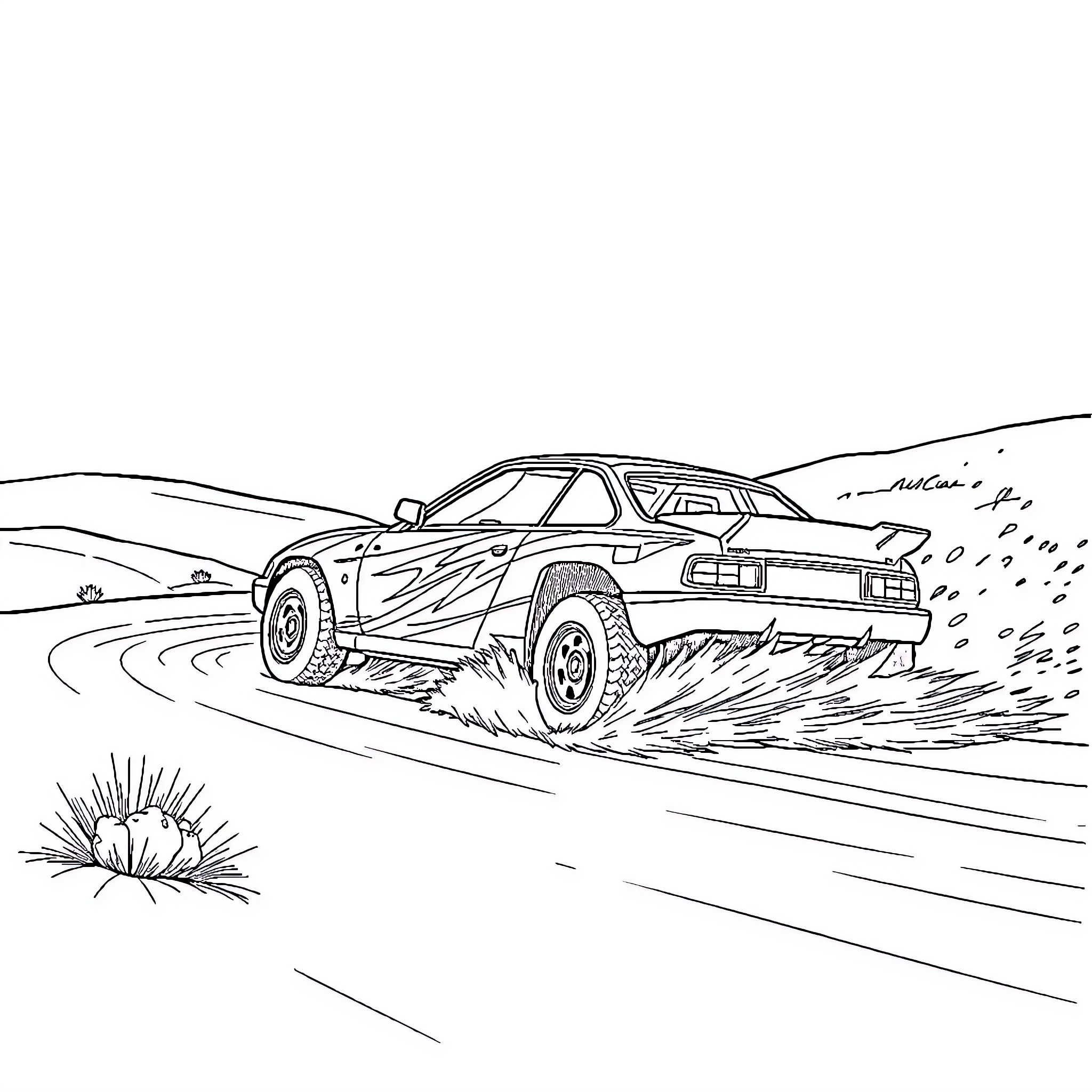 Drift Car racing through the desert landscape Coloring Page (free black-and-white line drawing printable PDF for all, from beginners to advanced learners, including children, teens, adults, and seniors)