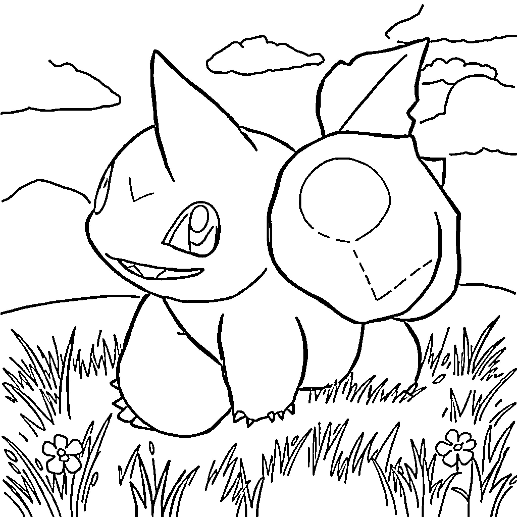Bulbasaur playing happily in the field Coloring Page (free black-and-white line drawing printable PDF for all, from beginners to advanced learners, including children, teens, adults, and seniors)