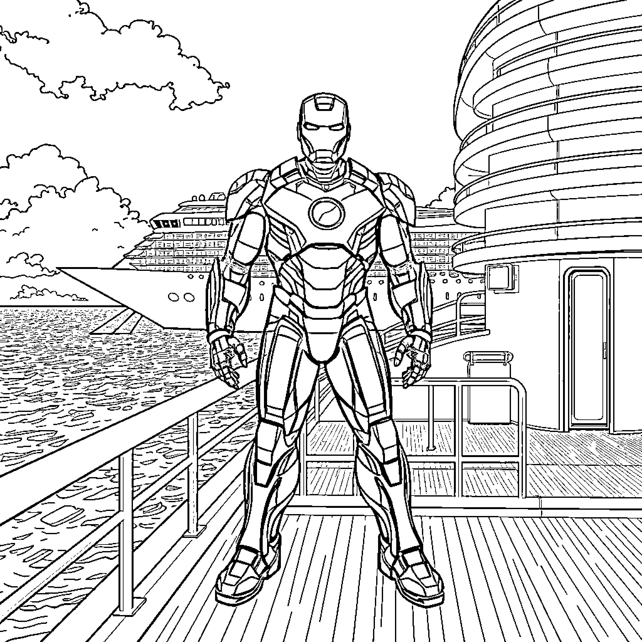 Ironman standing on ship deck, overlooking cityscape Coloring Page (free black-and-white line drawing printable PDF for all, from beginners to advanced learners, including children, teens, adults, and seniors)