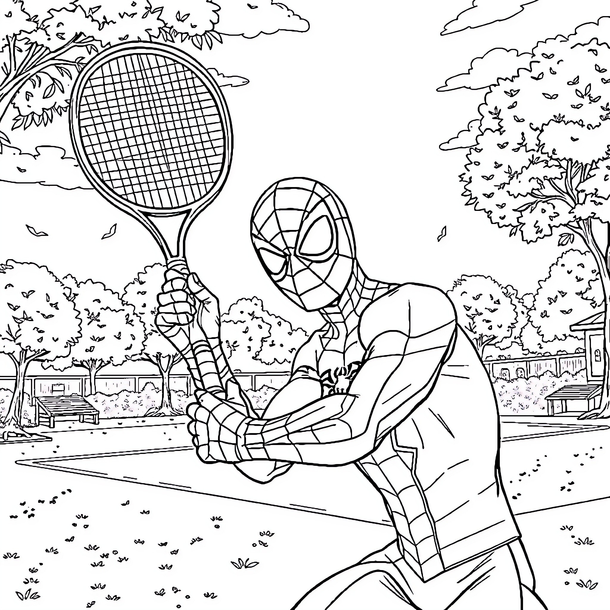 Spiderman playing tennis on the court Coloring Page (free black-and-white line drawing printable PDF for all, from beginners to advanced learners, including children, teens, adults, and seniors)