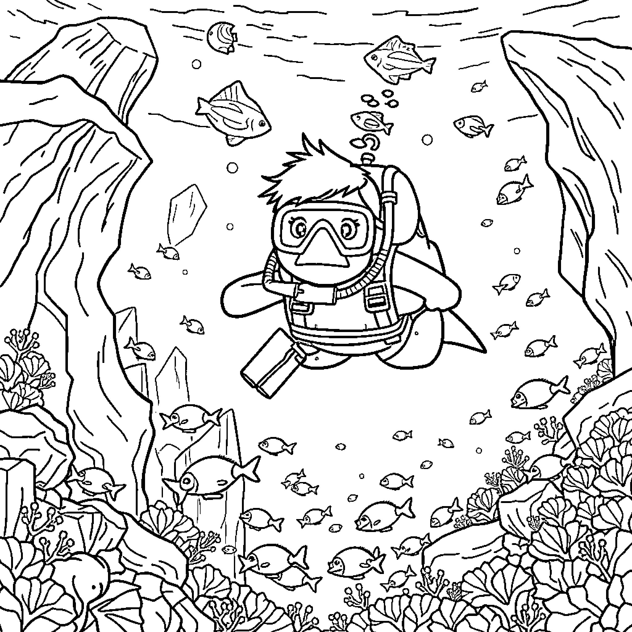 Linus explores the underwater world with a snorkel gear Coloring Page (free black-and-white line drawing printable PDF for all, from beginners to advanced learners, including children, teens, adults, and seniors)