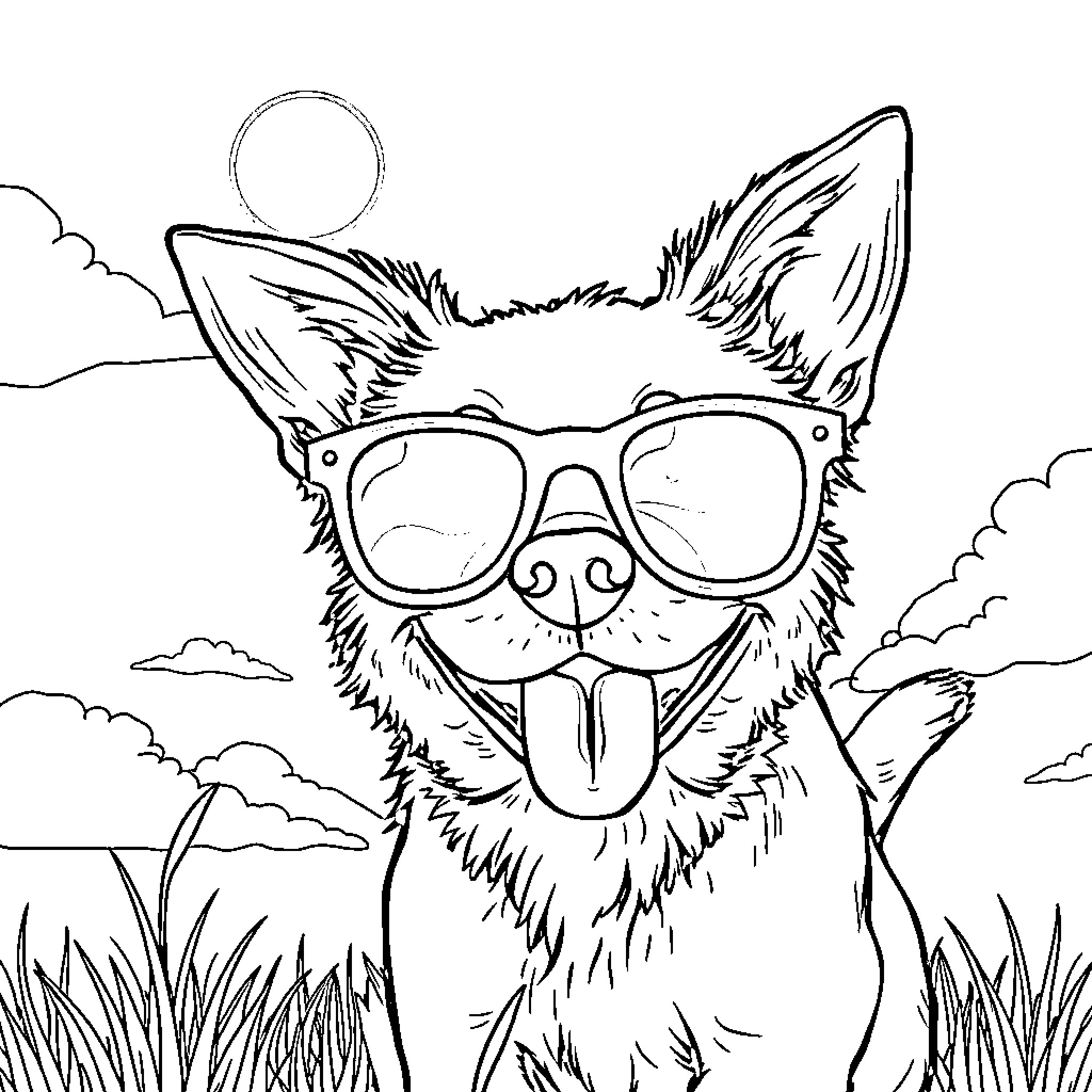 Dog wearing sunglasses and enjoying the outdoors Coloring Page (free black-and-white line drawing printable PDF for all, from beginners to advanced learners, including children, teens, adults, and seniors)