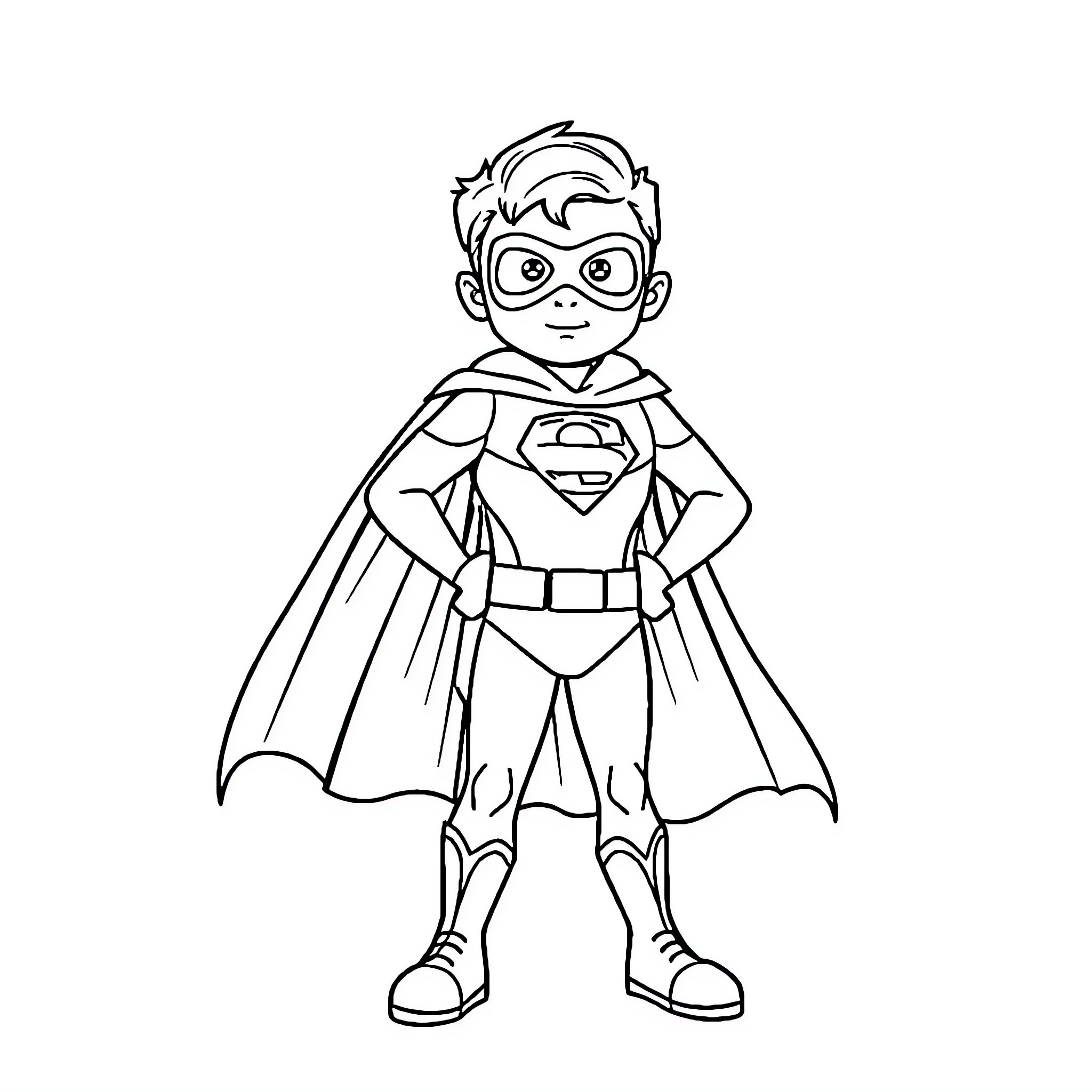 Superhero in Heroic Pose Coloring Page (free black-and-white line drawing printable PDF for all, from beginners to advanced learners, including children, teens, adults, and seniors)