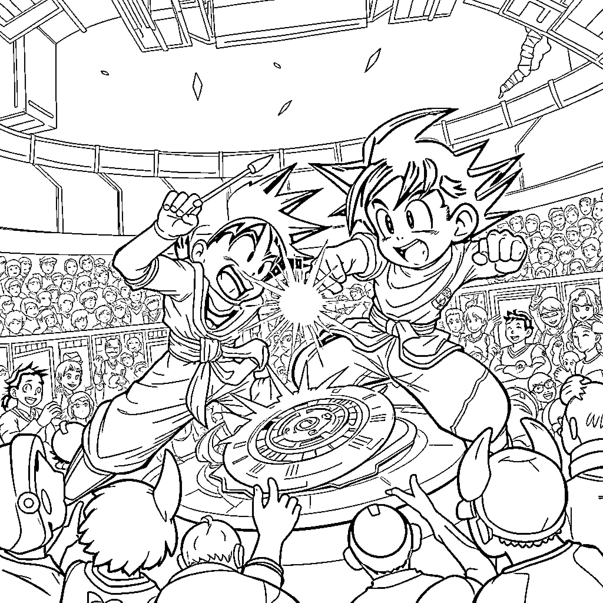 Son Goku Competing in an Exciting Fighting Match Coloring Page (free black-and-white line drawing printable PDF for all, from beginners to advanced learners, including children, teens, adults, and seniors)