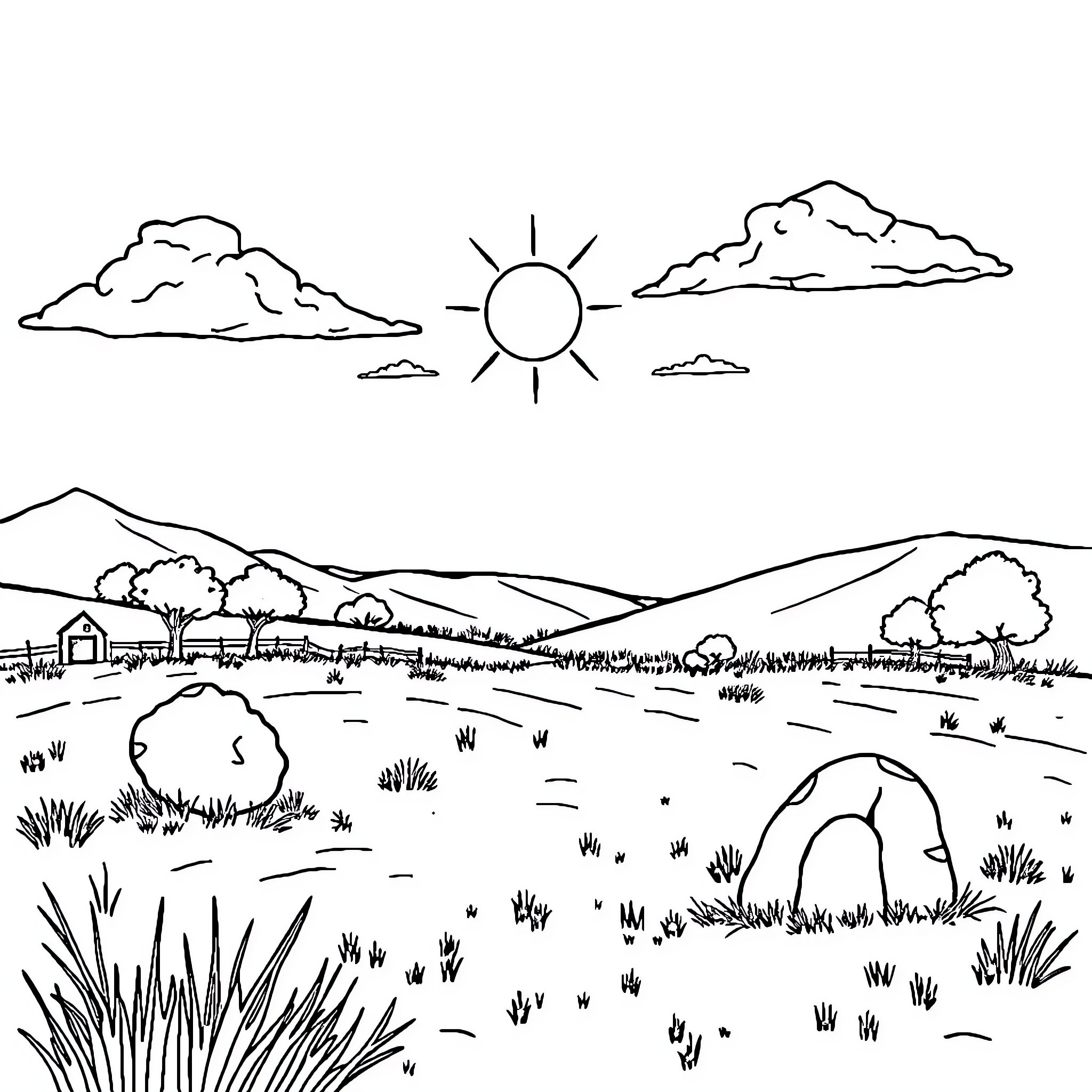 Vulcanization of a rural landscape Coloring Page (free black-and-white line drawing printable PDF for all, from beginners to advanced learners, including children, teens, adults, and seniors)