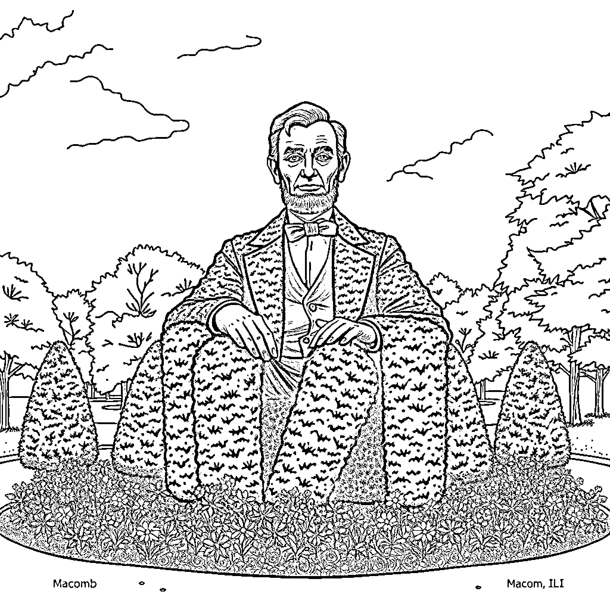 Lincoln in formal attire in a natural outdoor setting Coloring Page (free black-and-white line drawing printable PDF for all, from beginners to advanced learners, including children, teens, adults, and seniors)
