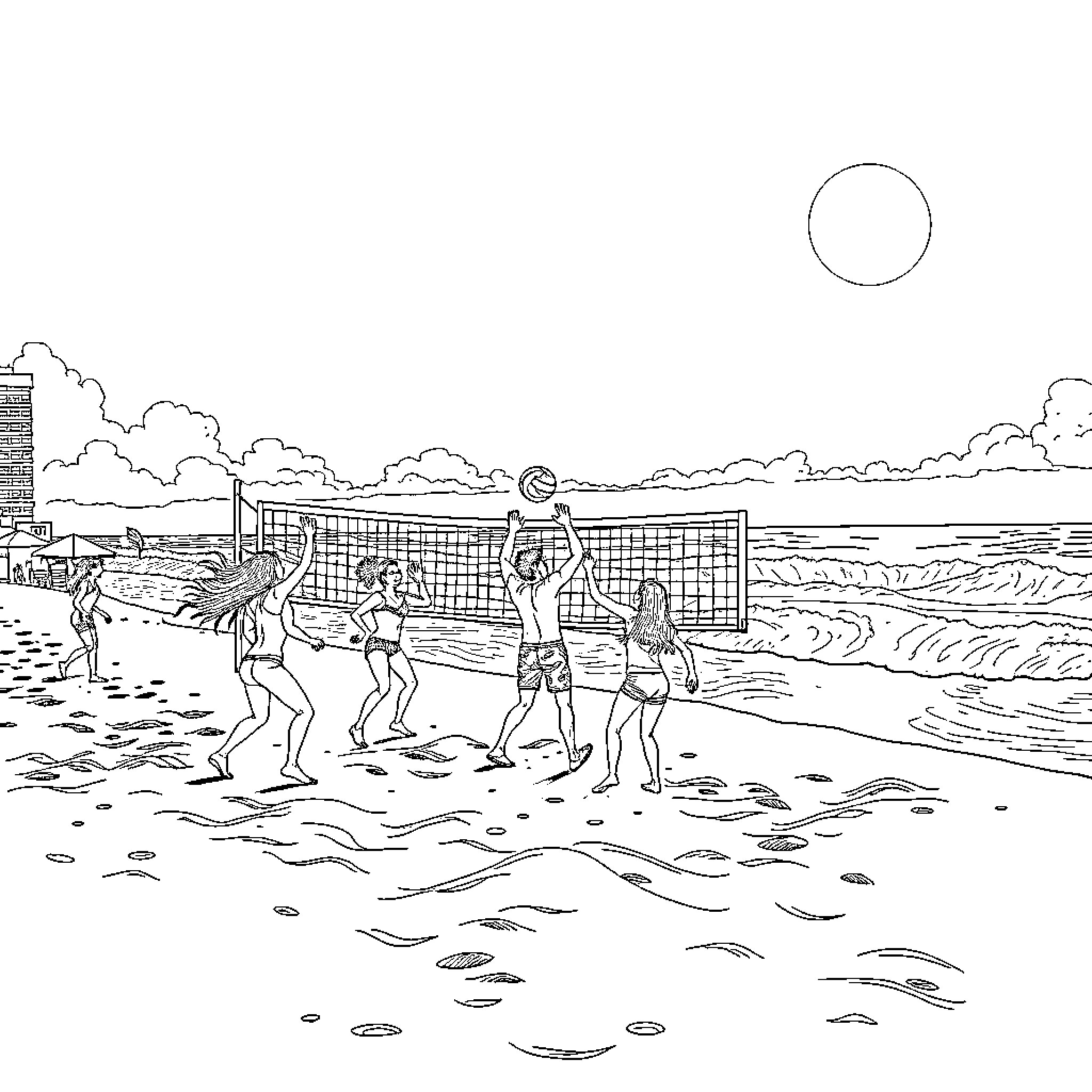 Rock beach volleyball game with players Coloring Page (free black-and-white line drawing printable PDF for all, from beginners to advanced learners, including children, teens, adults, and seniors)