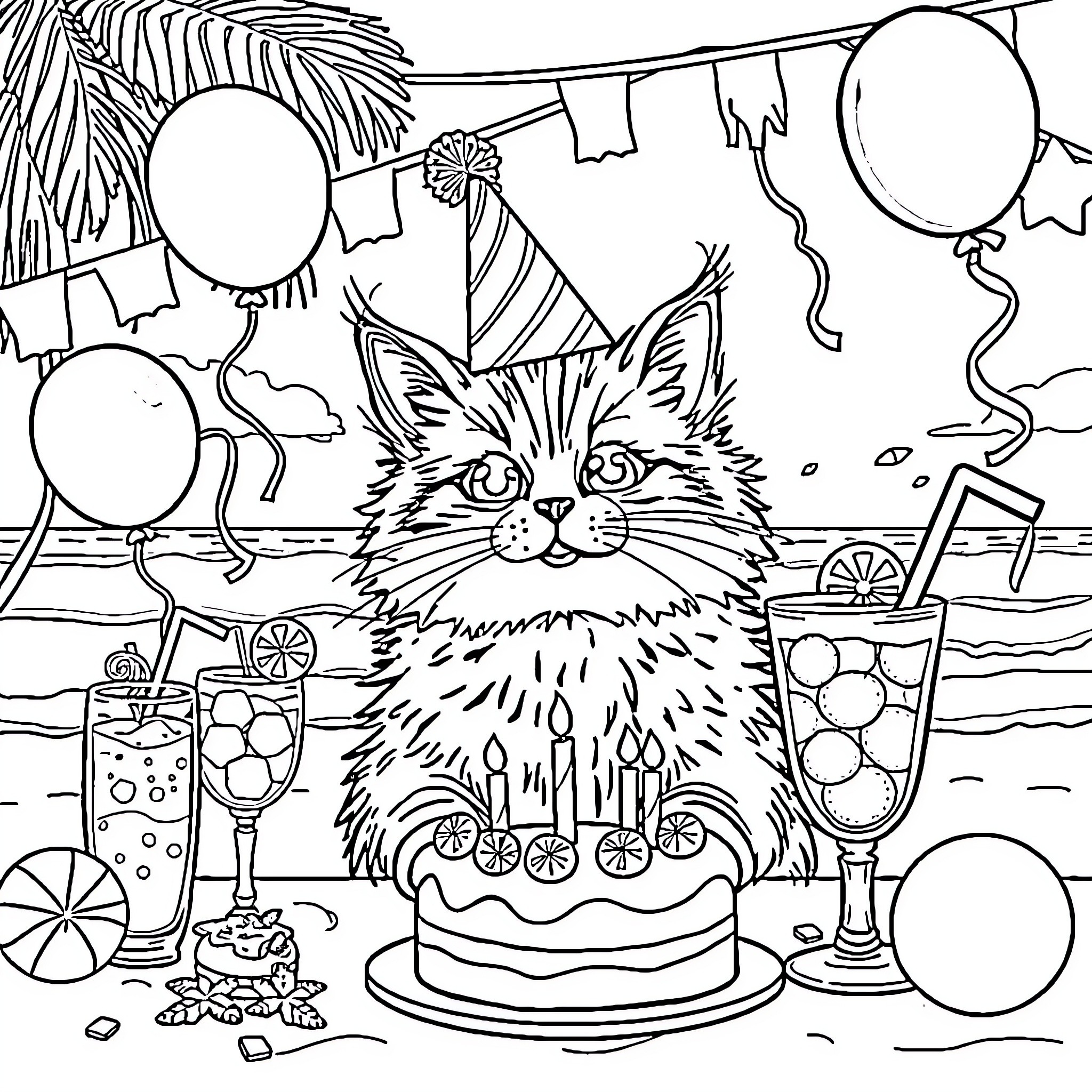 Cat celebrating party with balloons and cake Coloring Page (free black-and-white line drawing printable PDF for all, from beginners to advanced learners, including children, teens, adults, and seniors)
