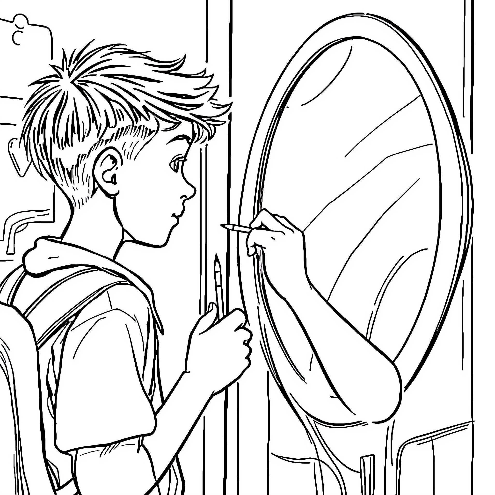 Boy Gazing at Reflection in Mirror Coloring Page (free black-and-white line drawing printable PDF for all, from beginners to advanced learners, including children, teens, adults, and seniors)