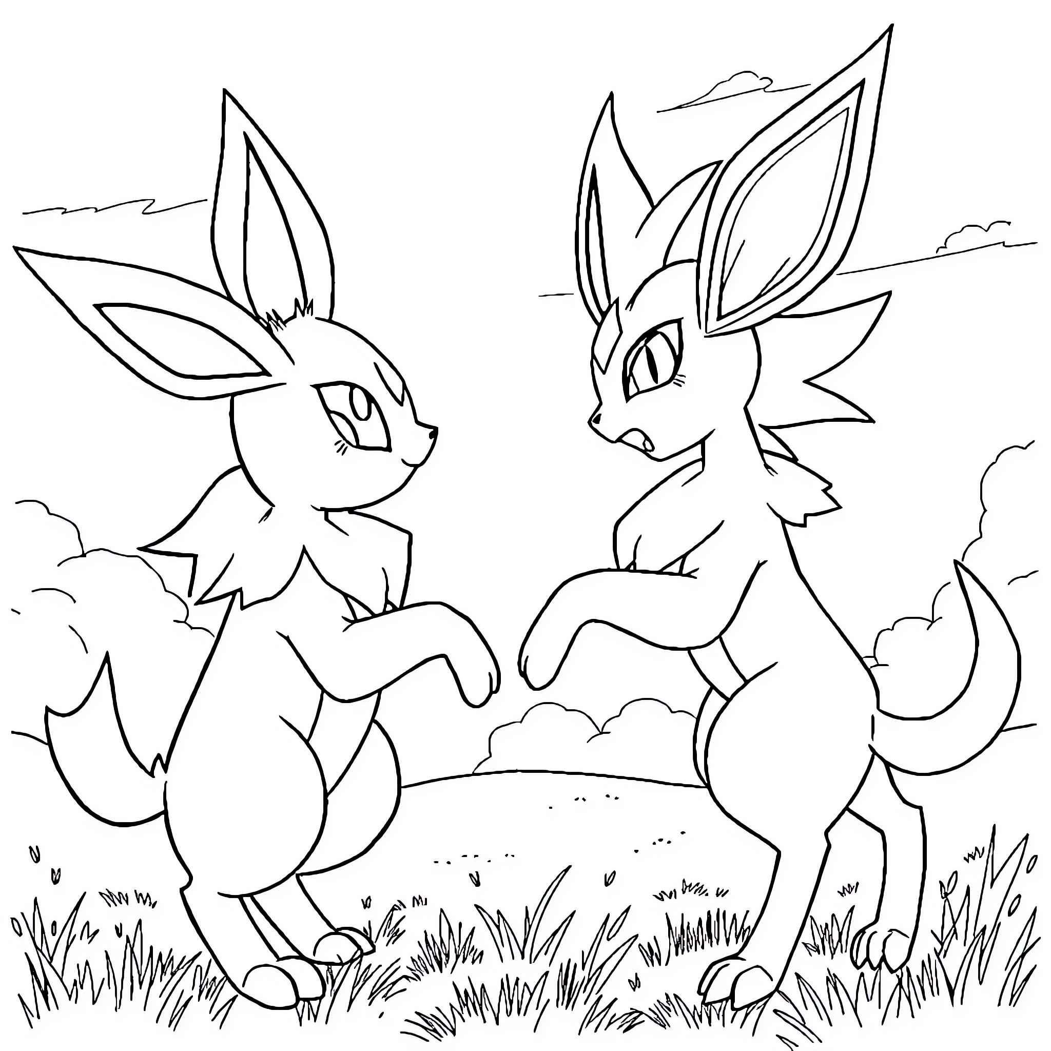 Umbreon and Espeon enjoying the outdoors Coloring Page (free black-and-white line drawing printable PDF for all, from beginners to advanced learners, including children, teens, adults, and seniors)