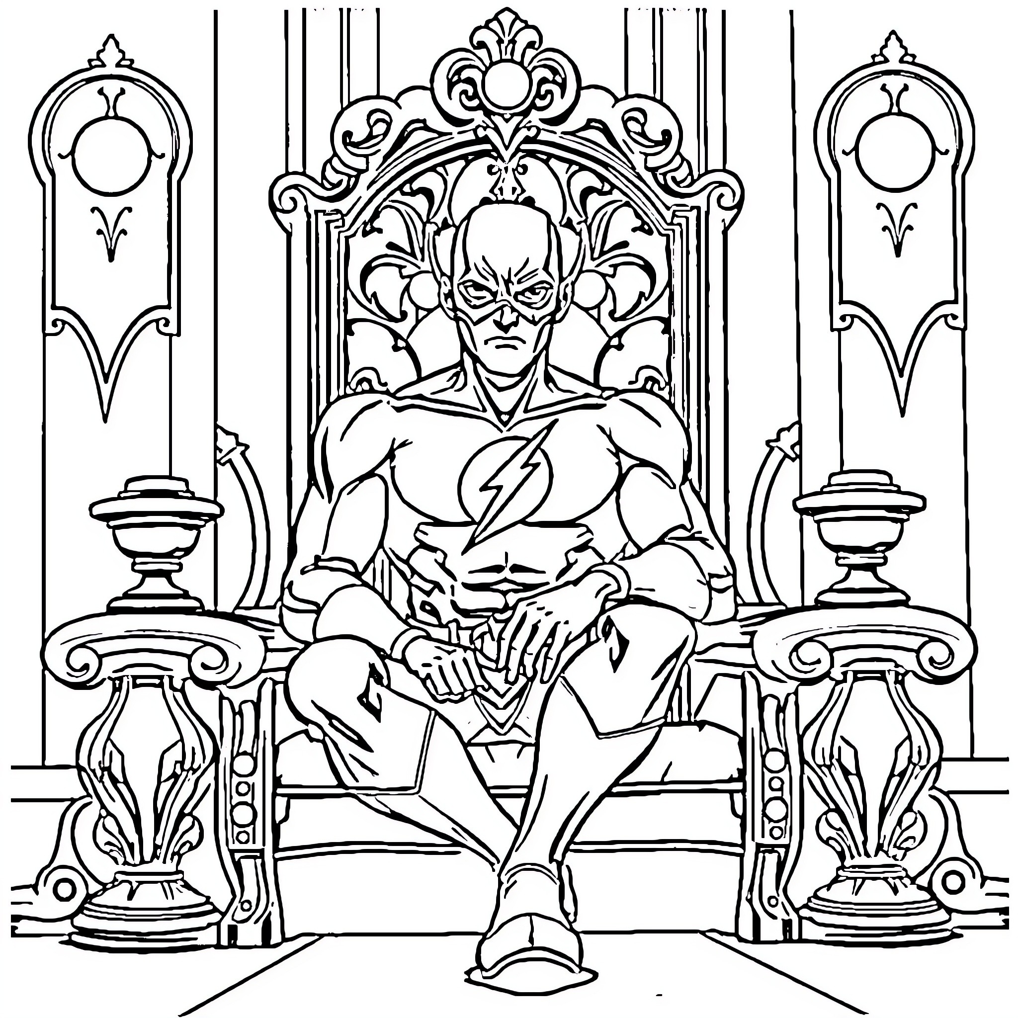 Flash's Regal Throne Coloring Page (free black-and-white line drawing printable PDF for all, from beginners to advanced learners, including children, teens, adults, and seniors)