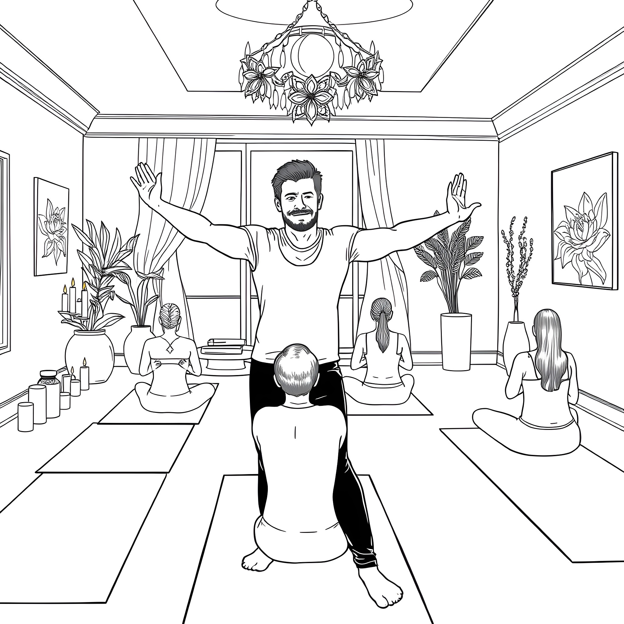 Glen Danzig leading a yoga session with devotees Coloring Page (free black-and-white line drawing printable PDF for all, from beginners to advanced learners, including children, teens, adults, and seniors)