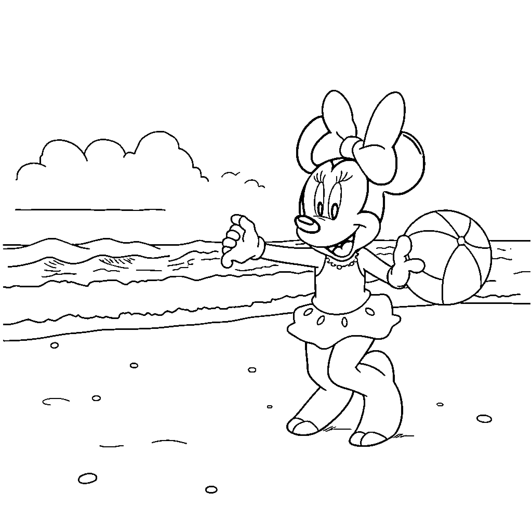 Minnie enjoying a day at the beach Coloring Page (free black-and-white line drawing printable PDF for all, from beginners to advanced learners, including children, teens, adults, and seniors)