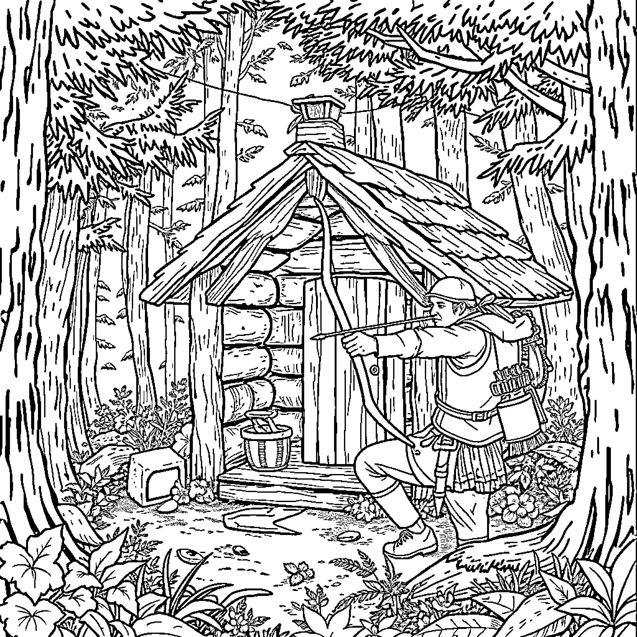 Archer exploring the enchanted forest cabin Coloring Page (free black-and-white line drawing printable PDF for all, from beginners to advanced learners, including children, teens, adults, and seniors)