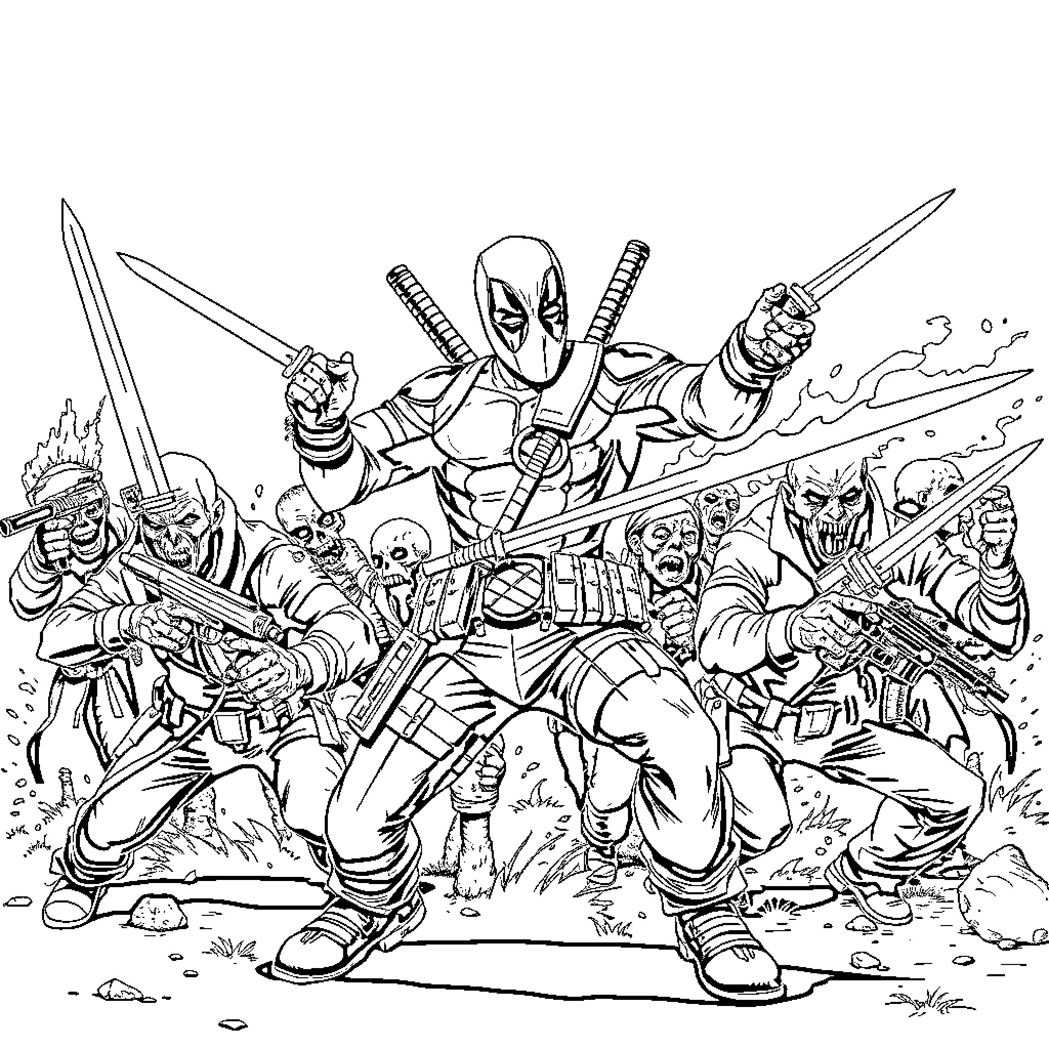 Deadpool's Chaotic Showdown with a Horde of Adversaries Coloring Page (free black-and-white line drawing printable PDF for all, from beginners to advanced learners, including children, teens, adults, and seniors)