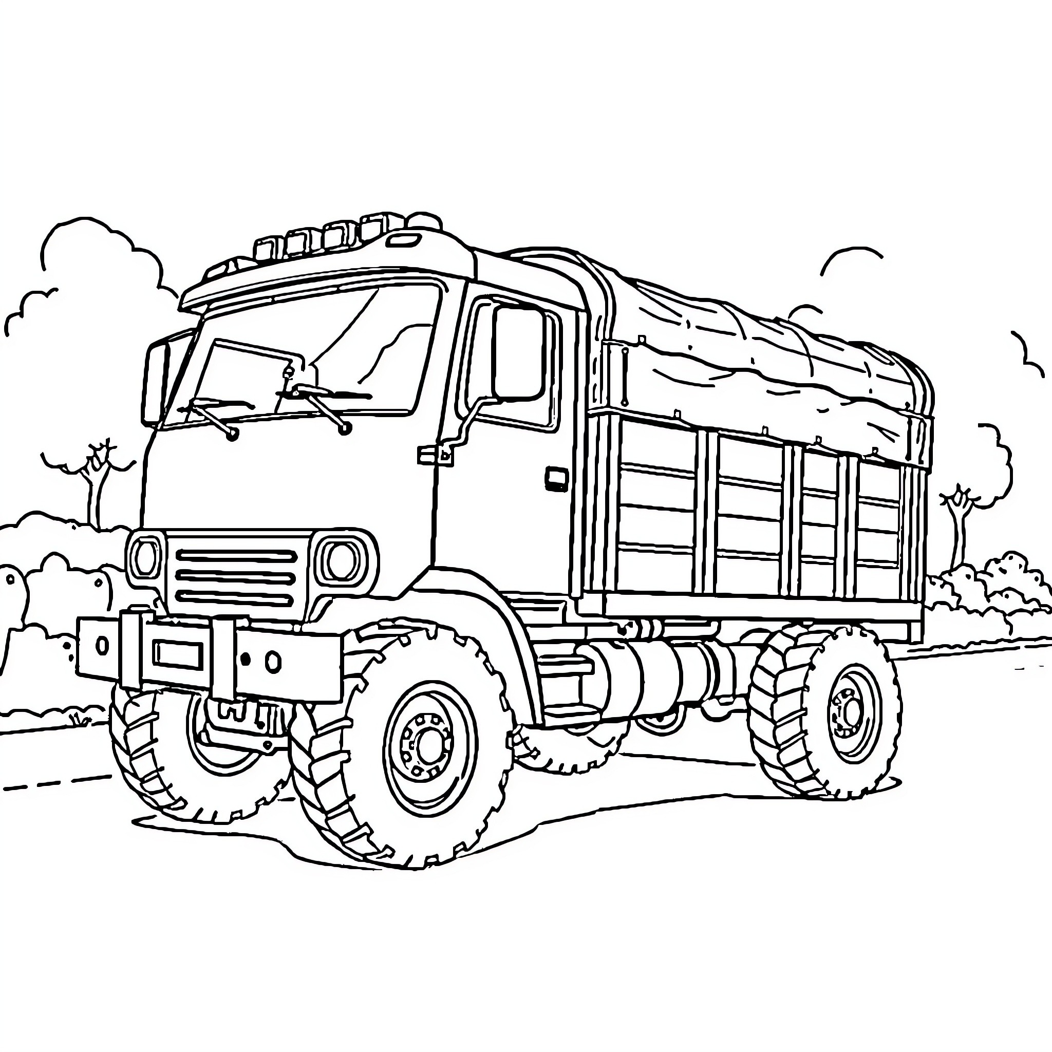 Torton Truck carrying cargo through rugged terrain Coloring Page (free black-and-white line drawing printable PDF for all, from beginners to advanced learners, including children, teens, adults, and seniors)