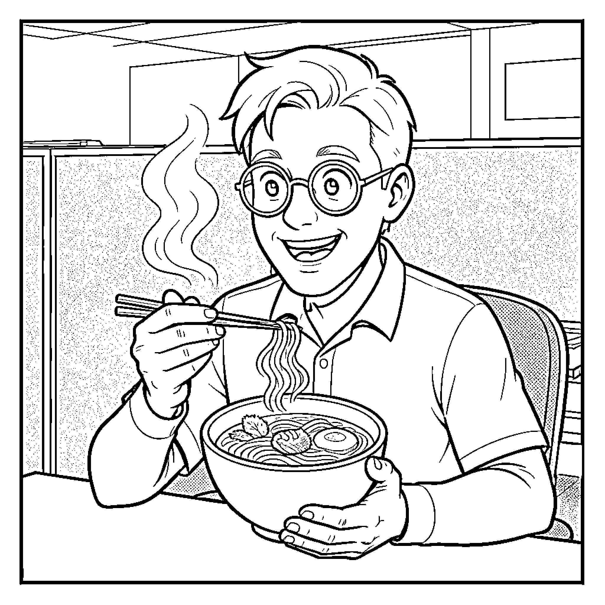 Man enjoying a hot meal in the kitchen Coloring Page (free black-and-white line drawing printable PDF for all, from beginners to advanced learners, including children, teens, adults, and seniors)