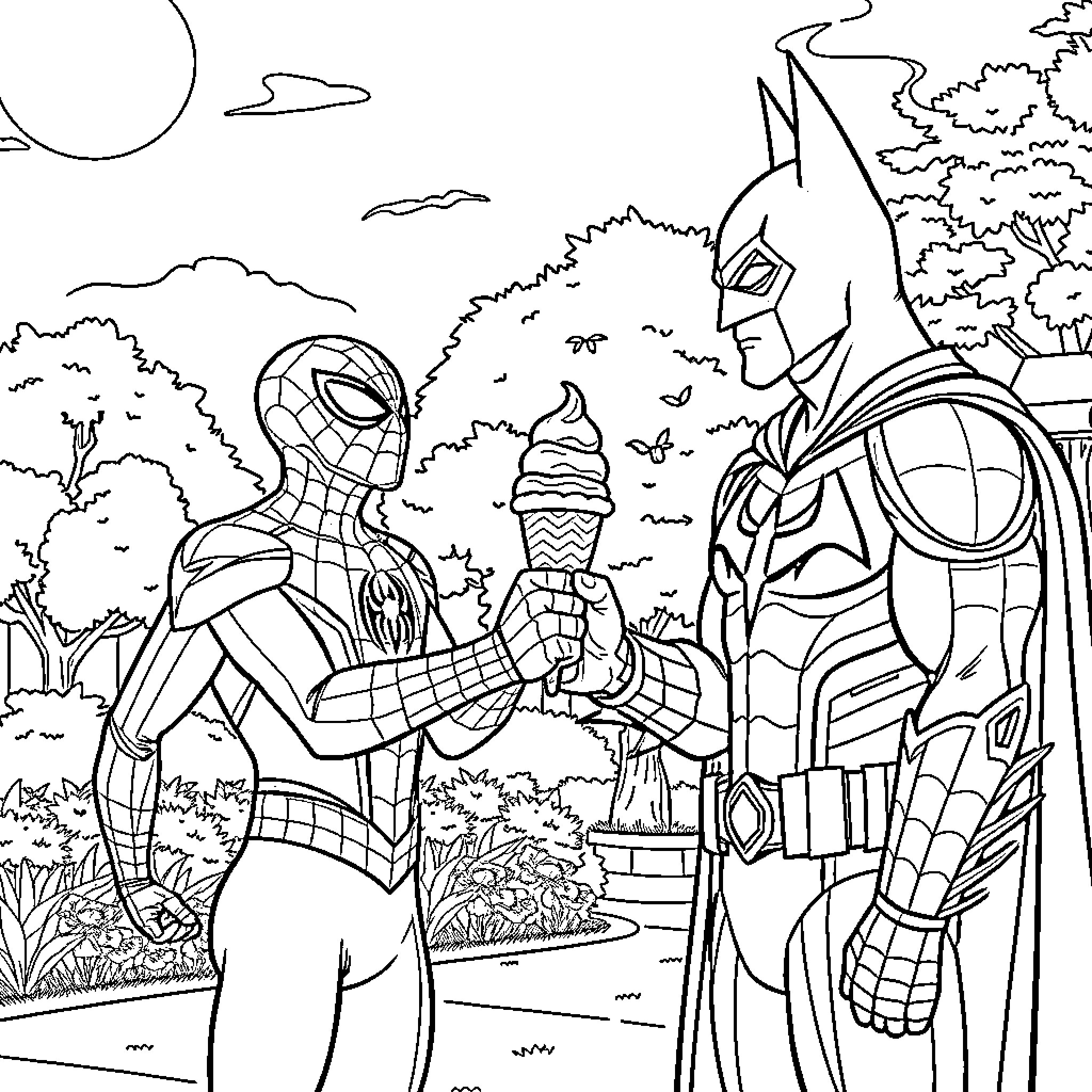 Spiderman and Batman enjoying ice cream together Coloring Page (free black-and-white line drawing printable PDF for all, from beginners to advanced learners, including children, teens, adults, and seniors)