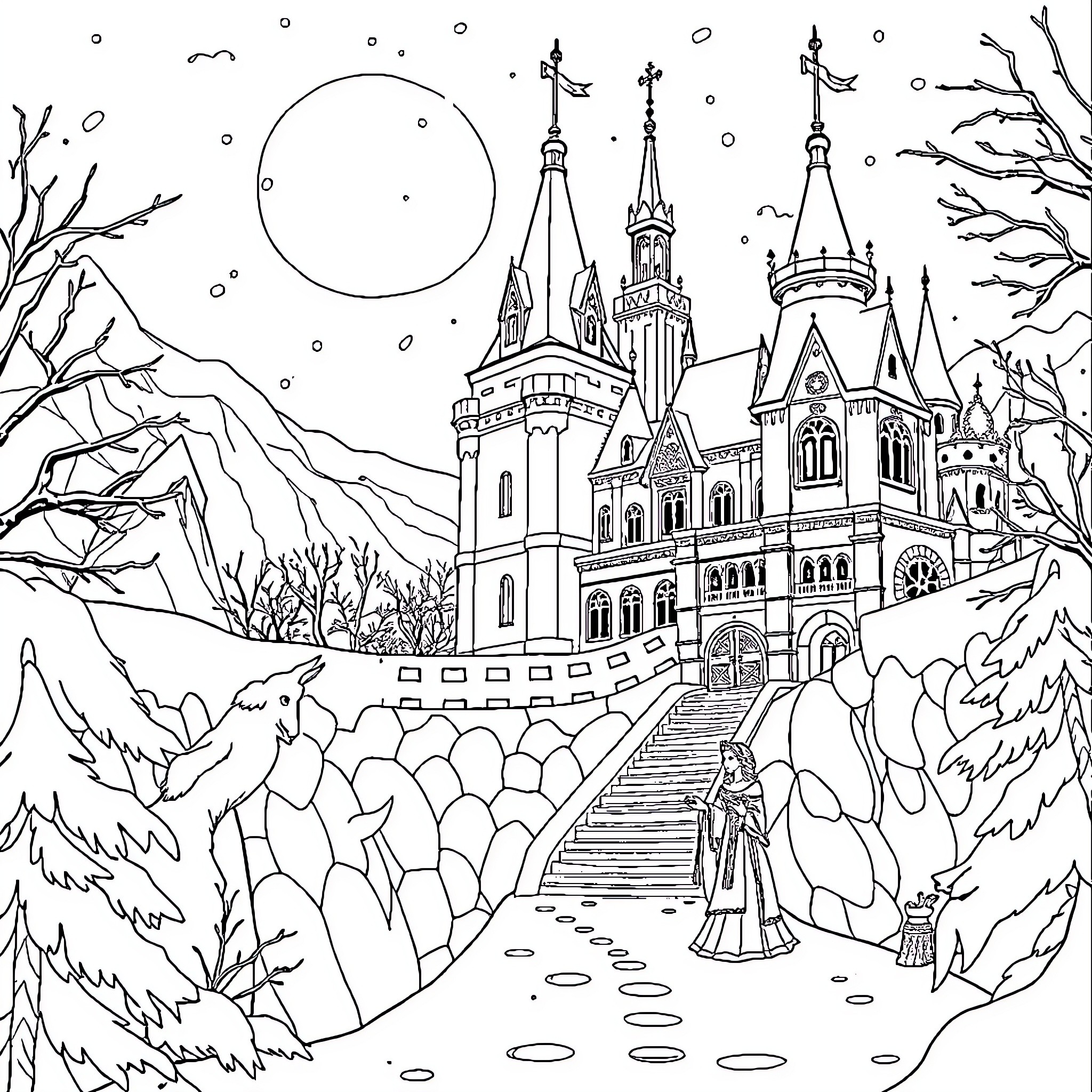 Queen's Enchanted Castle in Winter Wonderland Coloring Page (free black-and-white line drawing printable PDF for all, from beginners to advanced learners, including children, teens, adults, and seniors)