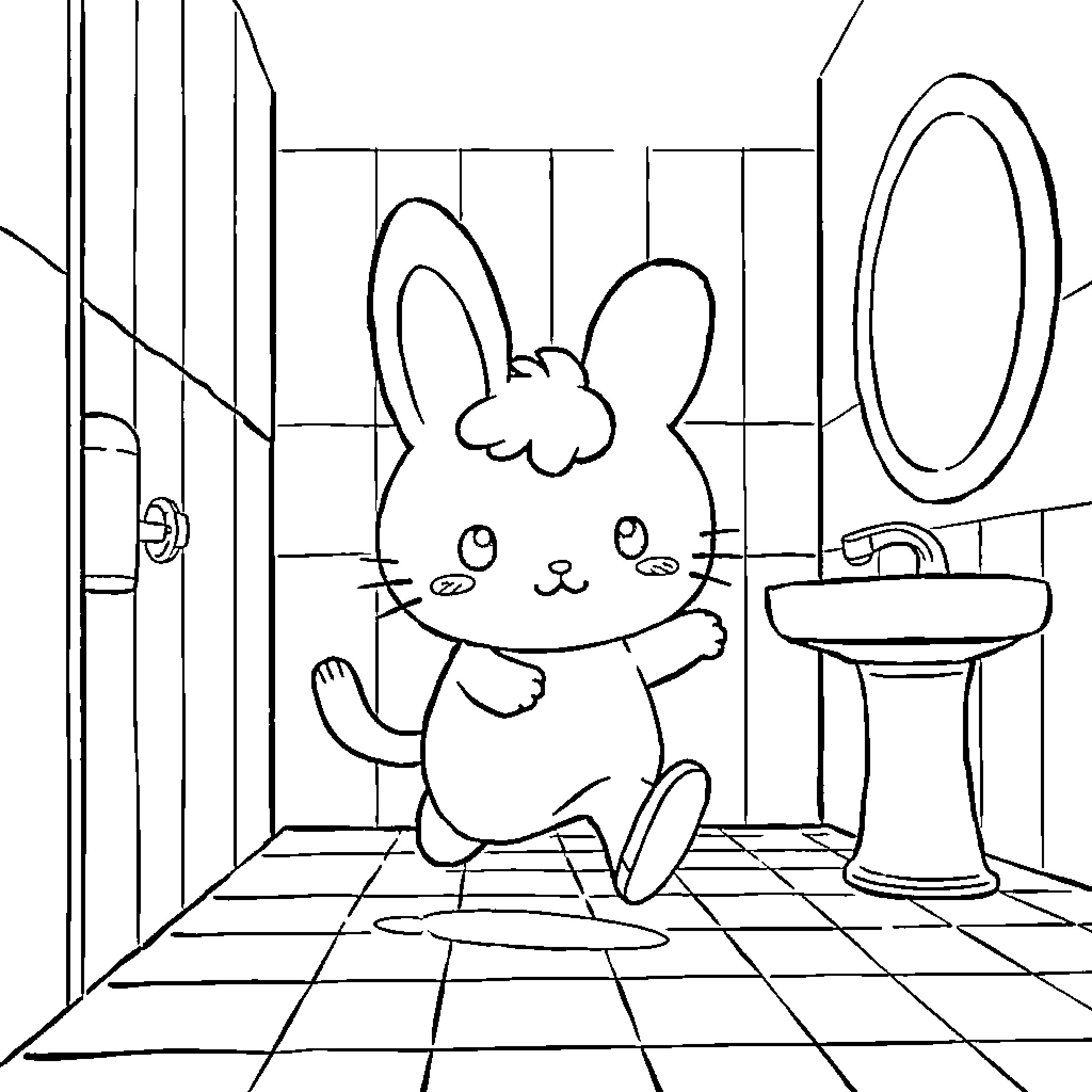 Cinnamoroll enjoying time in the bathroom Coloring Page (free black-and-white line drawing printable PDF for all, from beginners to advanced learners, including children, teens, adults, and seniors)