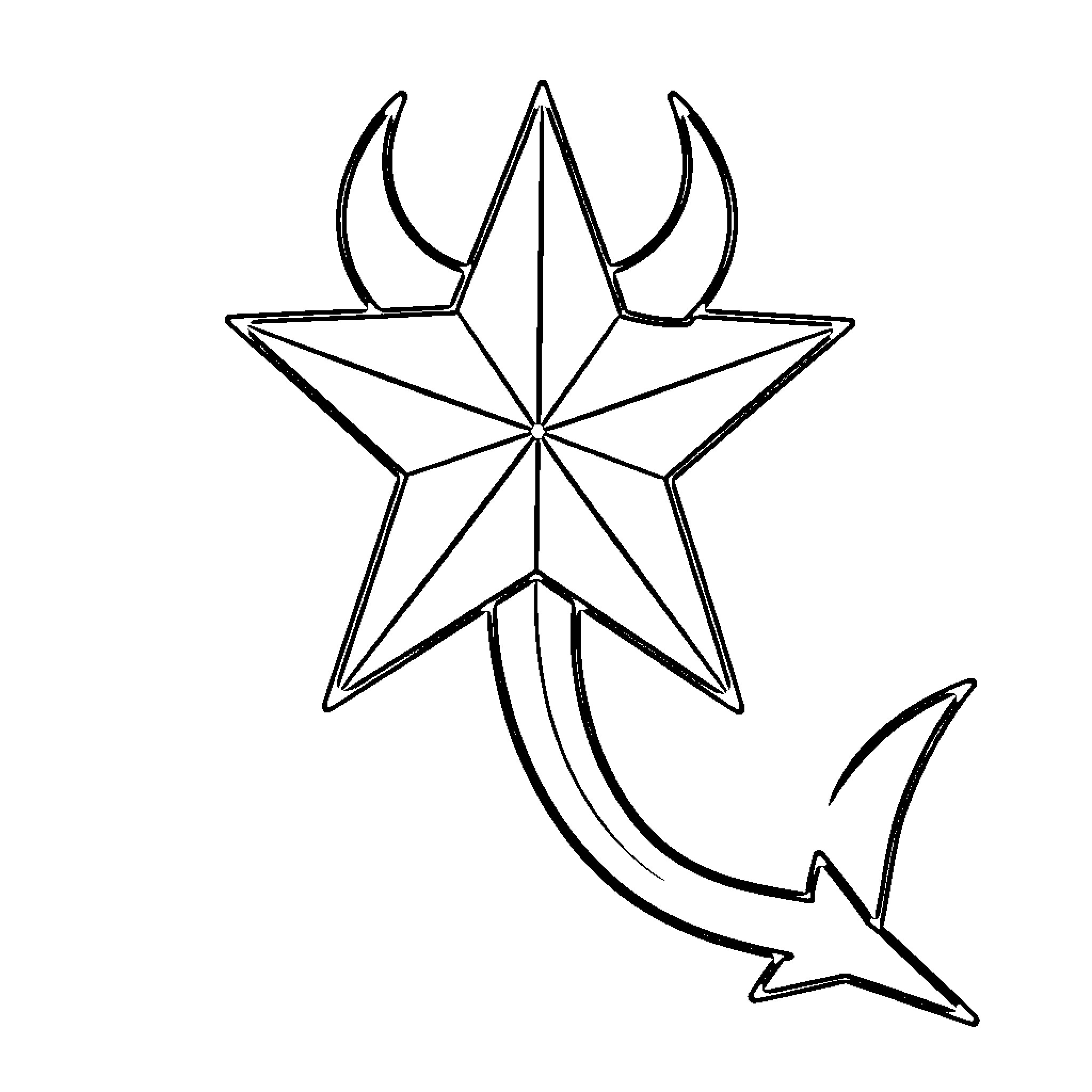Star with crescent moons and a curved tail Coloring Page (free black-and-white line drawing printable PDF for all, from beginners to advanced learners, including children, teens, adults, and seniors)