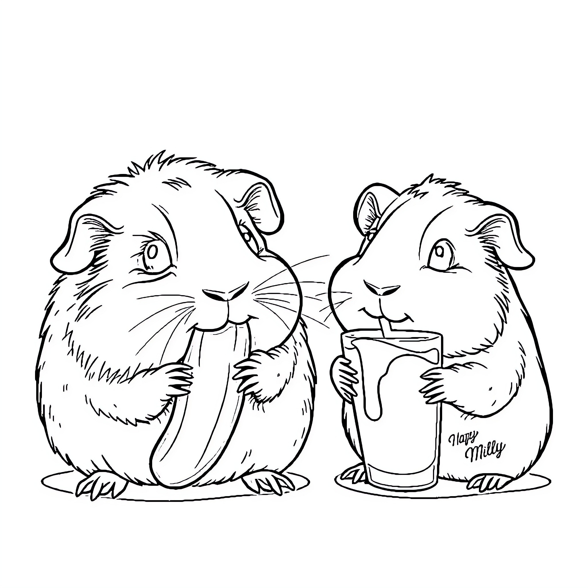 Guinea Pigs Enjoying Snacks and Treats Coloring Page (free black-and-white line drawing printable PDF for all, from beginners to advanced learners, including children, teens, adults, and seniors)