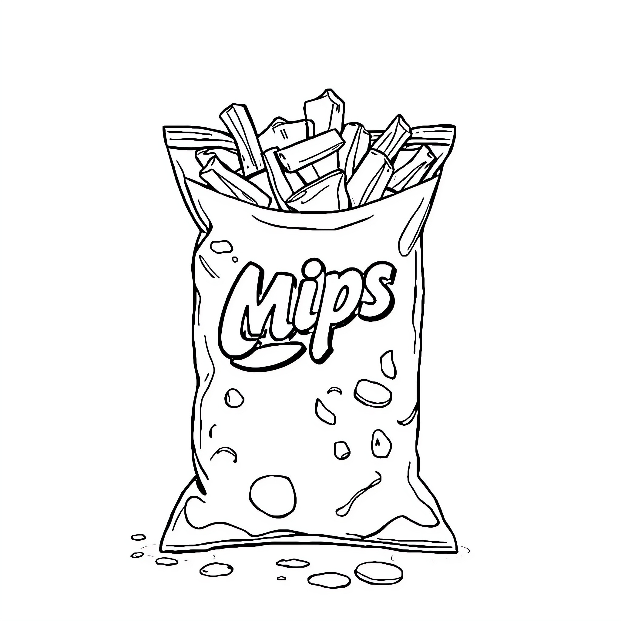 Bag of Chips with Scattered Snacks Coloring Page (free black-and-white line drawing printable PDF for all, from beginners to advanced learners, including children, teens, adults, and seniors)