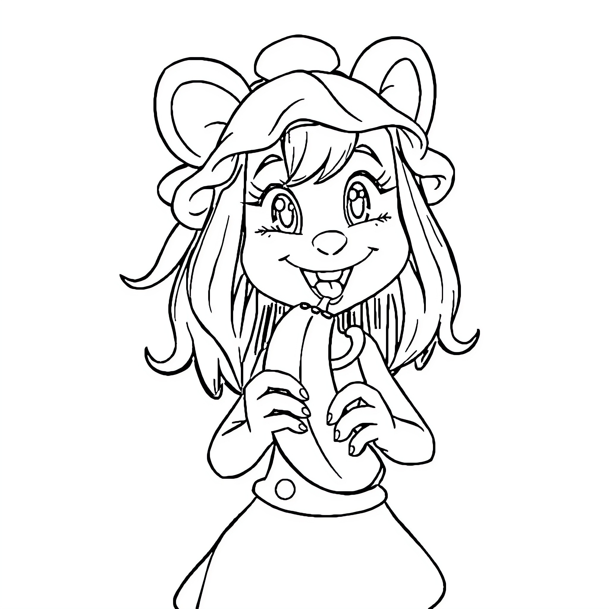 Lucy Hartfilia in a cheerful anime-style pose Coloring Page (free black-and-white line drawing printable PDF for all, from beginners to advanced learners, including children, teens, adults, and seniors)