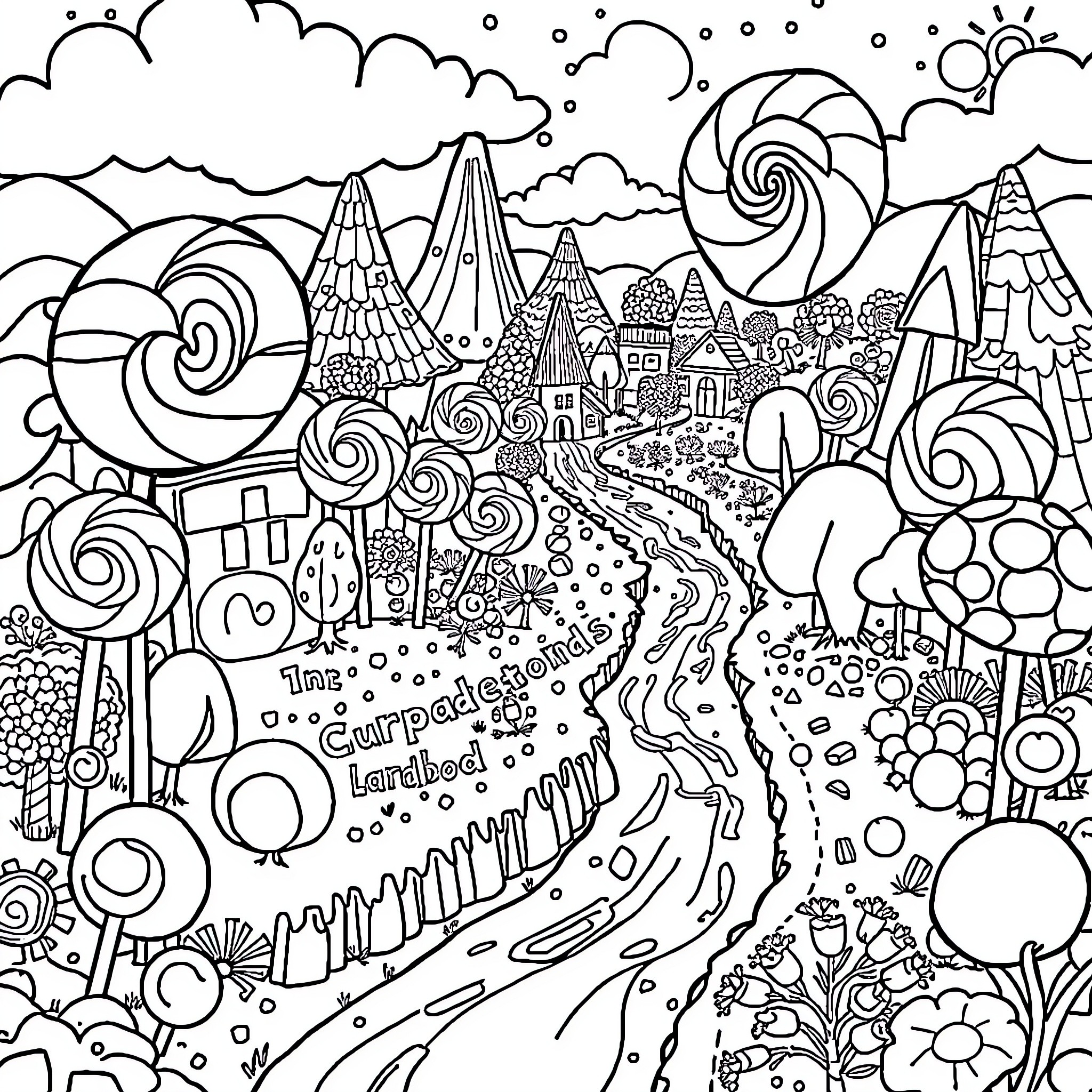 Candyland: Whimsical Landscape with Swirling Patterns Coloring Page (free black-and-white line drawing printable PDF for all, from beginners to advanced learners, including children, teens, adults, and seniors)