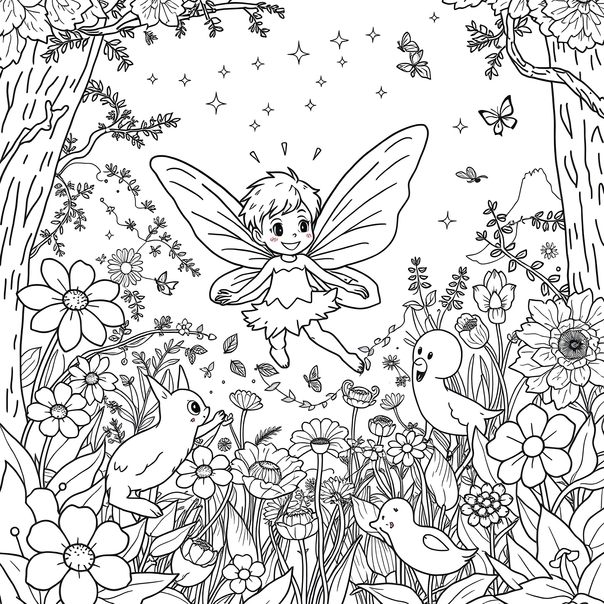 Boy Fairy exploring the magical forest with birds and butterflies Coloring Page (free black-and-white line drawing printable PDF for all, from beginners to advanced learners, including children, teens, adults, and seniors)