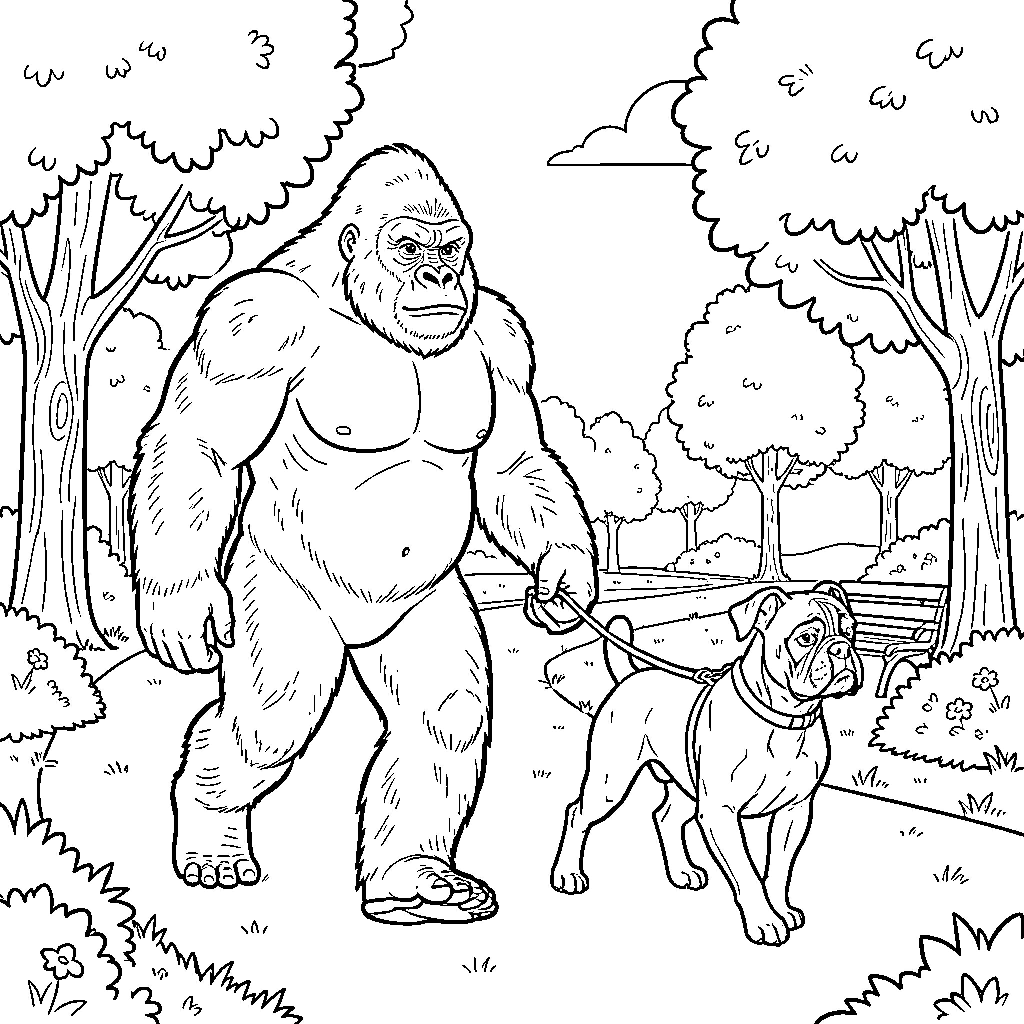 Gorilla walking through a park with a dog Coloring Page (free black-and-white line drawing printable PDF for all, from beginners to advanced learners, including children, teens, adults, and seniors)