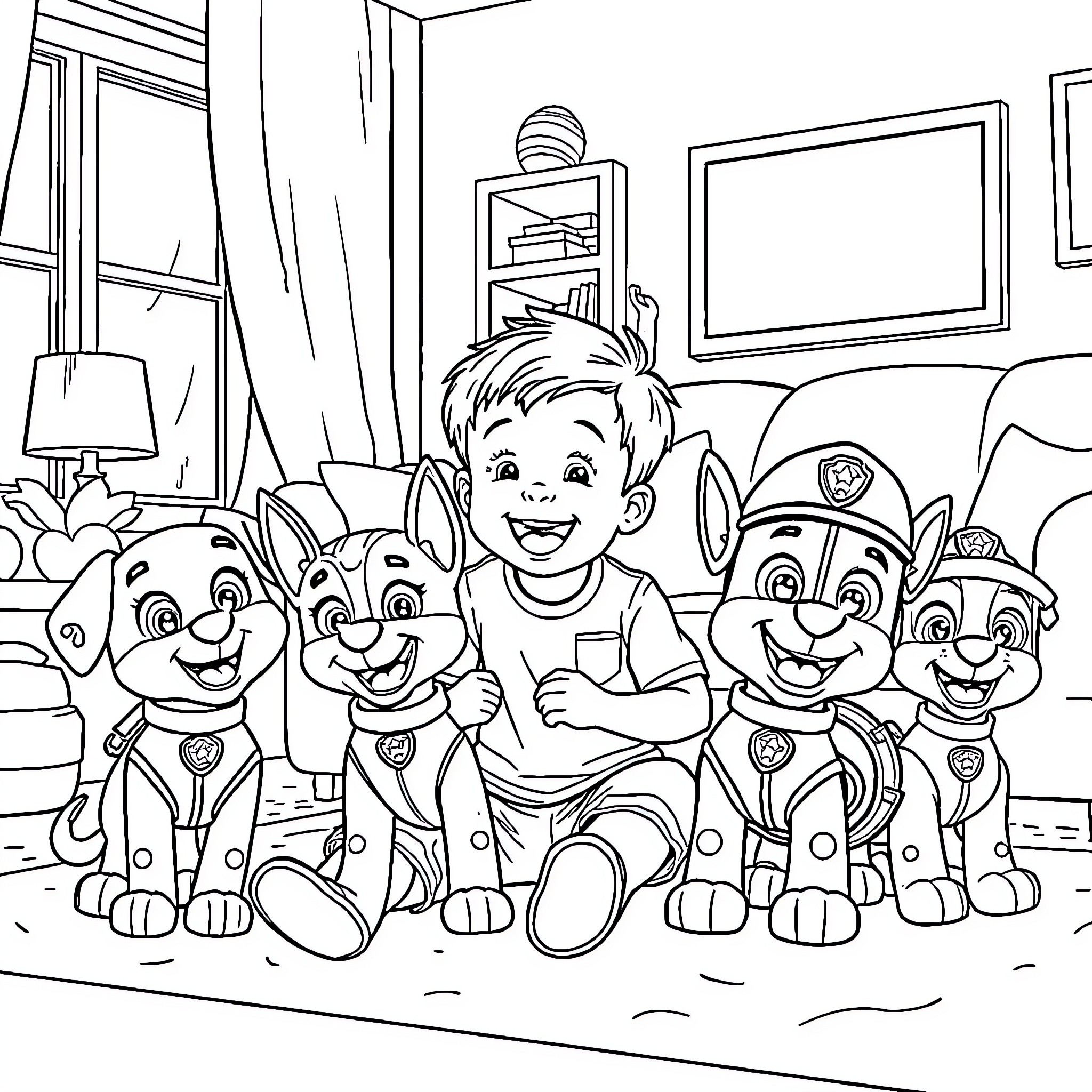 Boy plays with cartoon puppies in living room Coloring Page (free black-and-white line drawing printable PDF for all, from beginners to advanced learners, including children, teens, adults, and seniors)