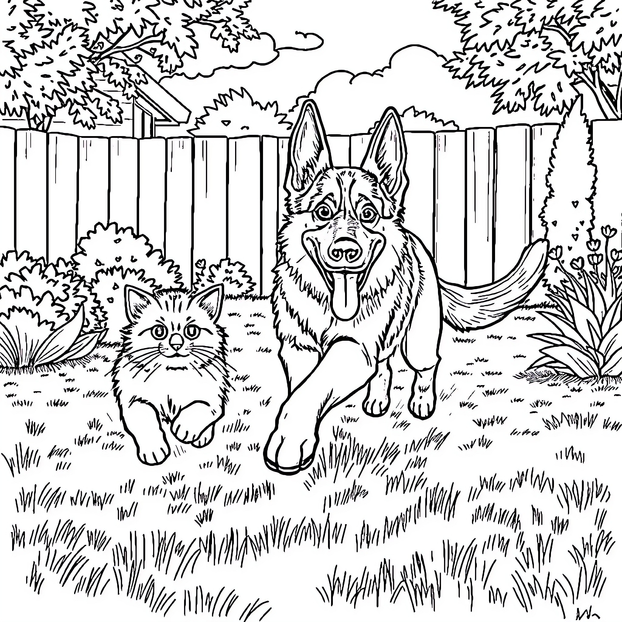 German Shepherd and Cat Playing in the Backyard Coloring Page (free black-and-white line drawing printable PDF for all, from beginners to advanced learners, including children, teens, adults, and seniors)