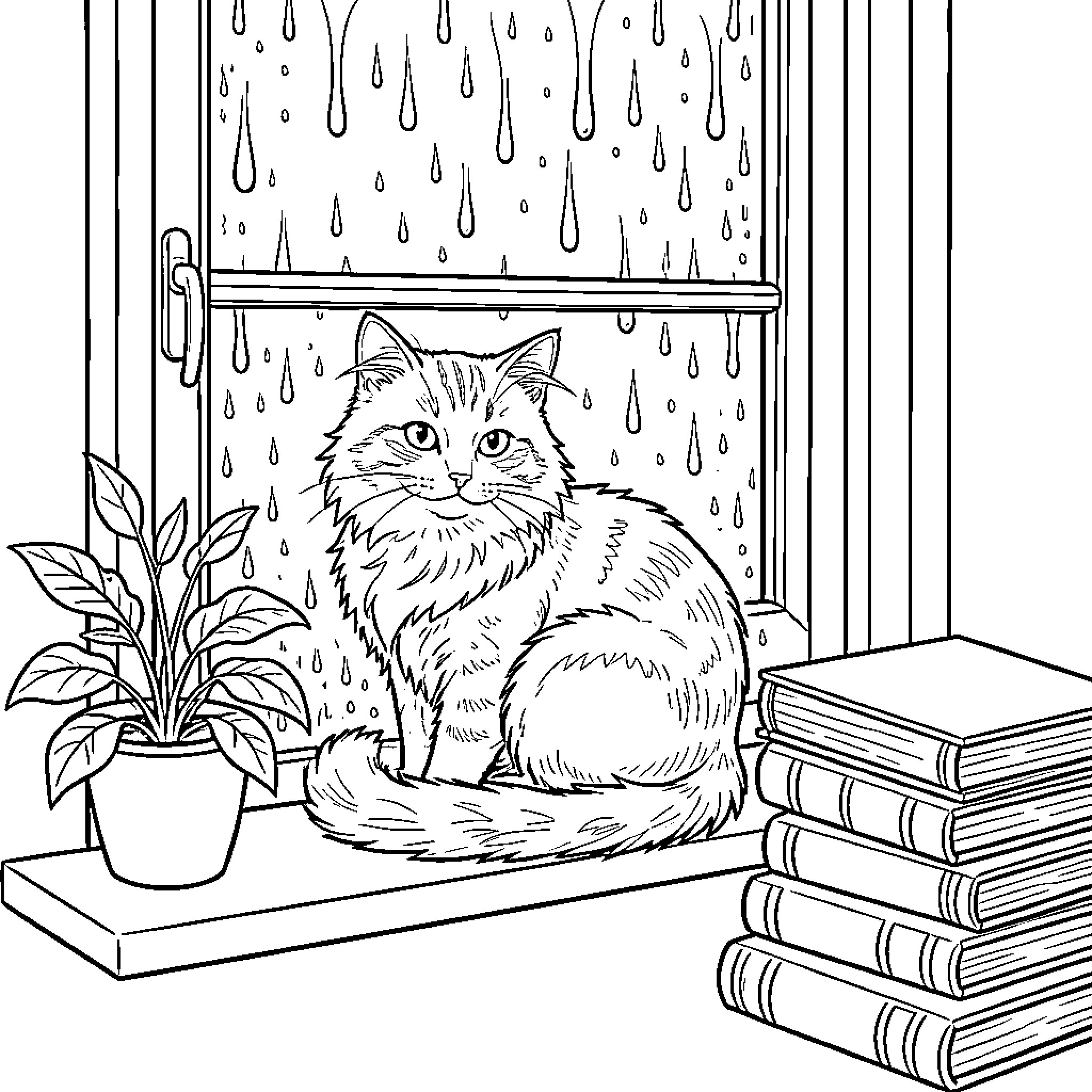 Cat sitting cozy near books in rainy day Coloring Page (free black-and-white line drawing printable PDF for all, from beginners to advanced learners, including children, teens, adults, and seniors)