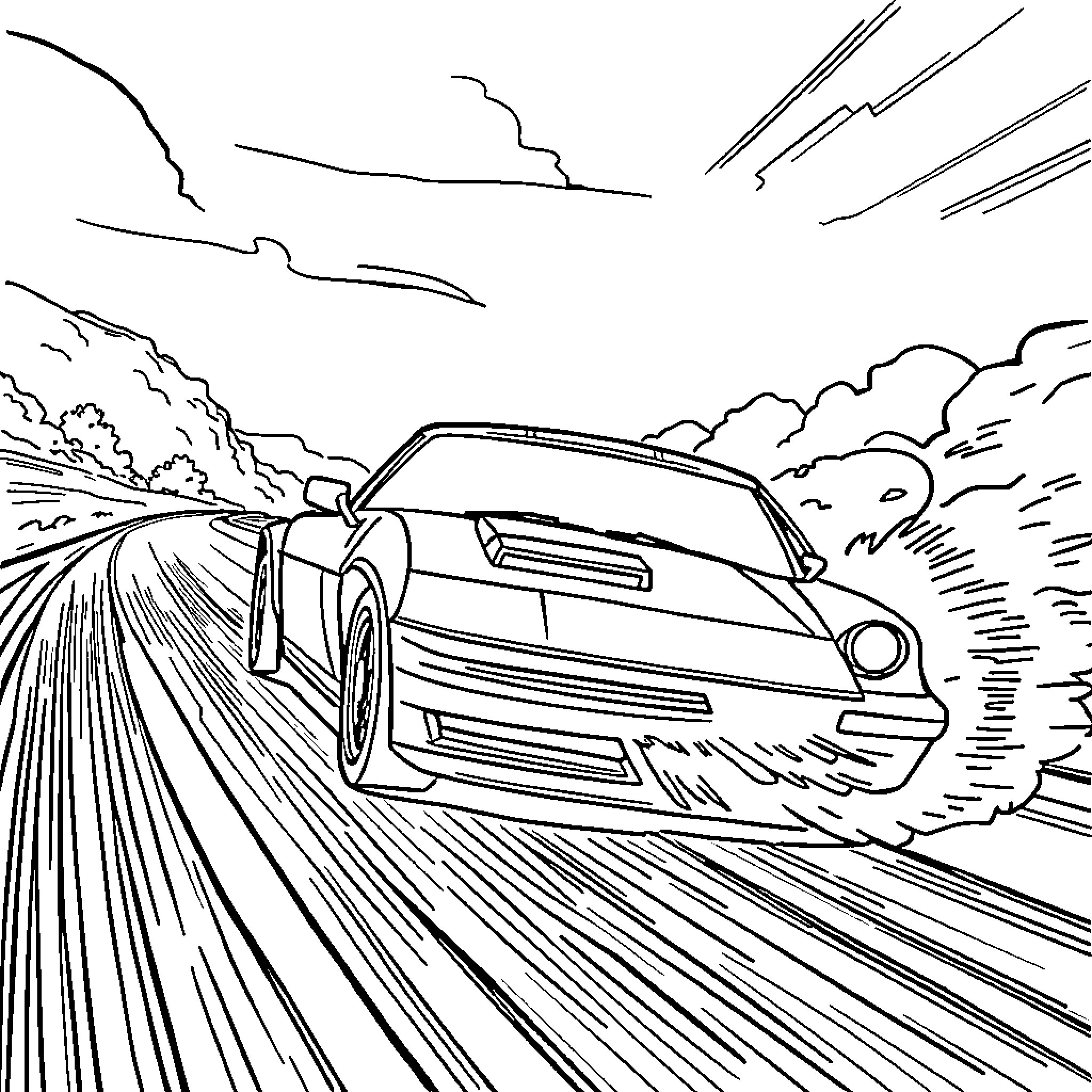 Car speeding through a dramatic landscape Coloring Page (free black-and-white line drawing printable PDF for all, from beginners to advanced learners, including children, teens, adults, and seniors)
