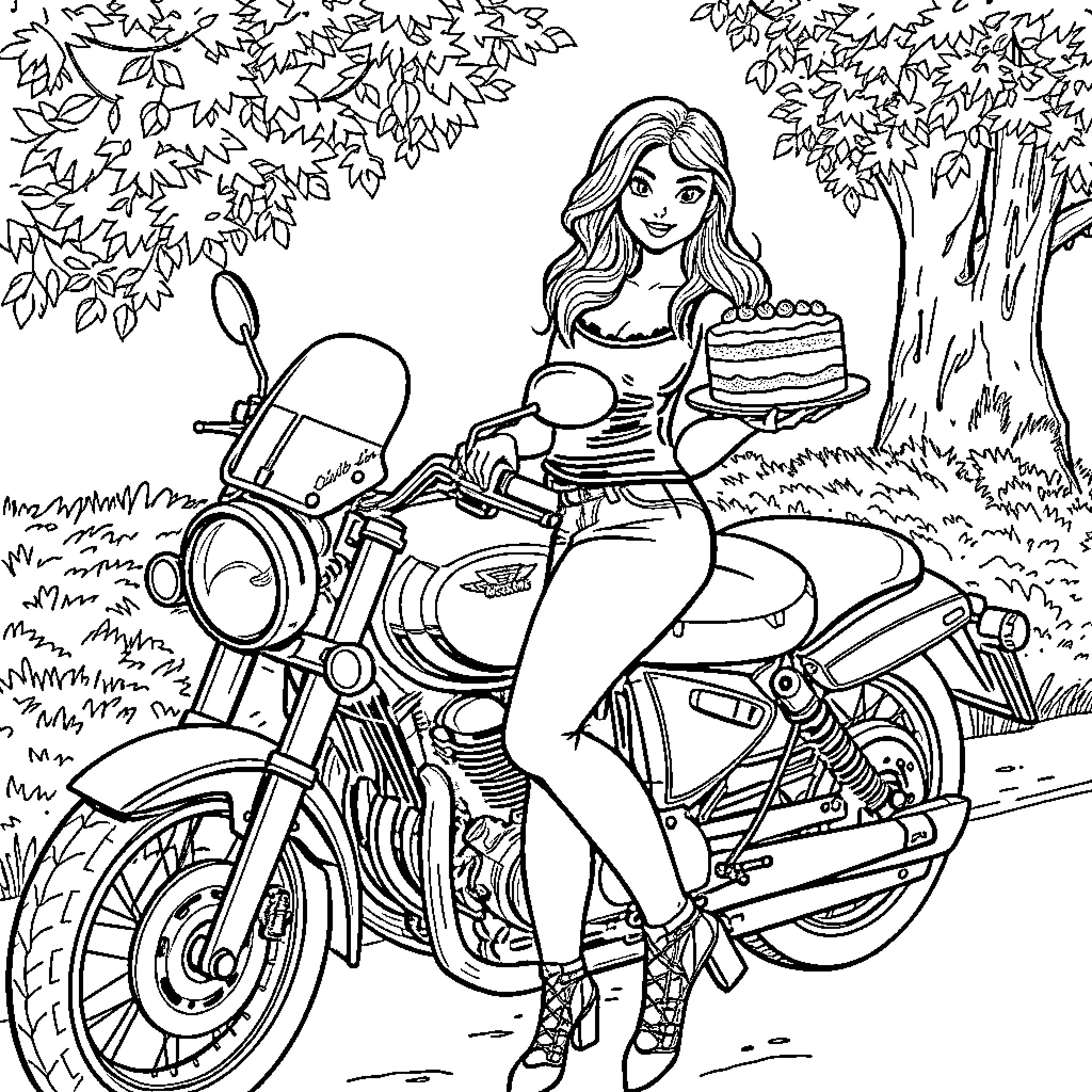 Lady Celebrates Birthday Joyfully on Motorcycle Coloring Page (free black-and-white line drawing printable PDF for all, from beginners to advanced learners, including children, teens, adults, and seniors)