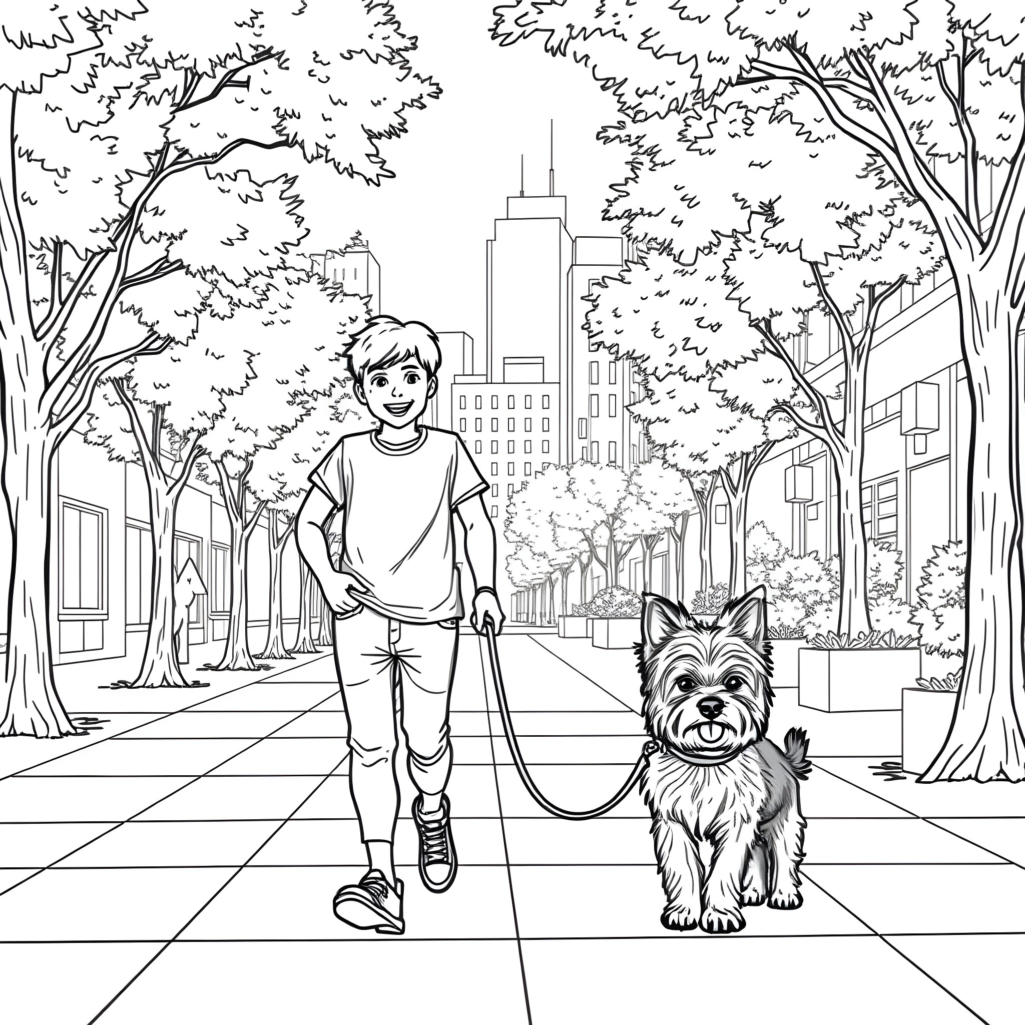 Teen Boy Walking Dog in Urban Park Coloring Page (free black-and-white line drawing printable PDF for all, from beginners to advanced learners, including children, teens, adults, and seniors)