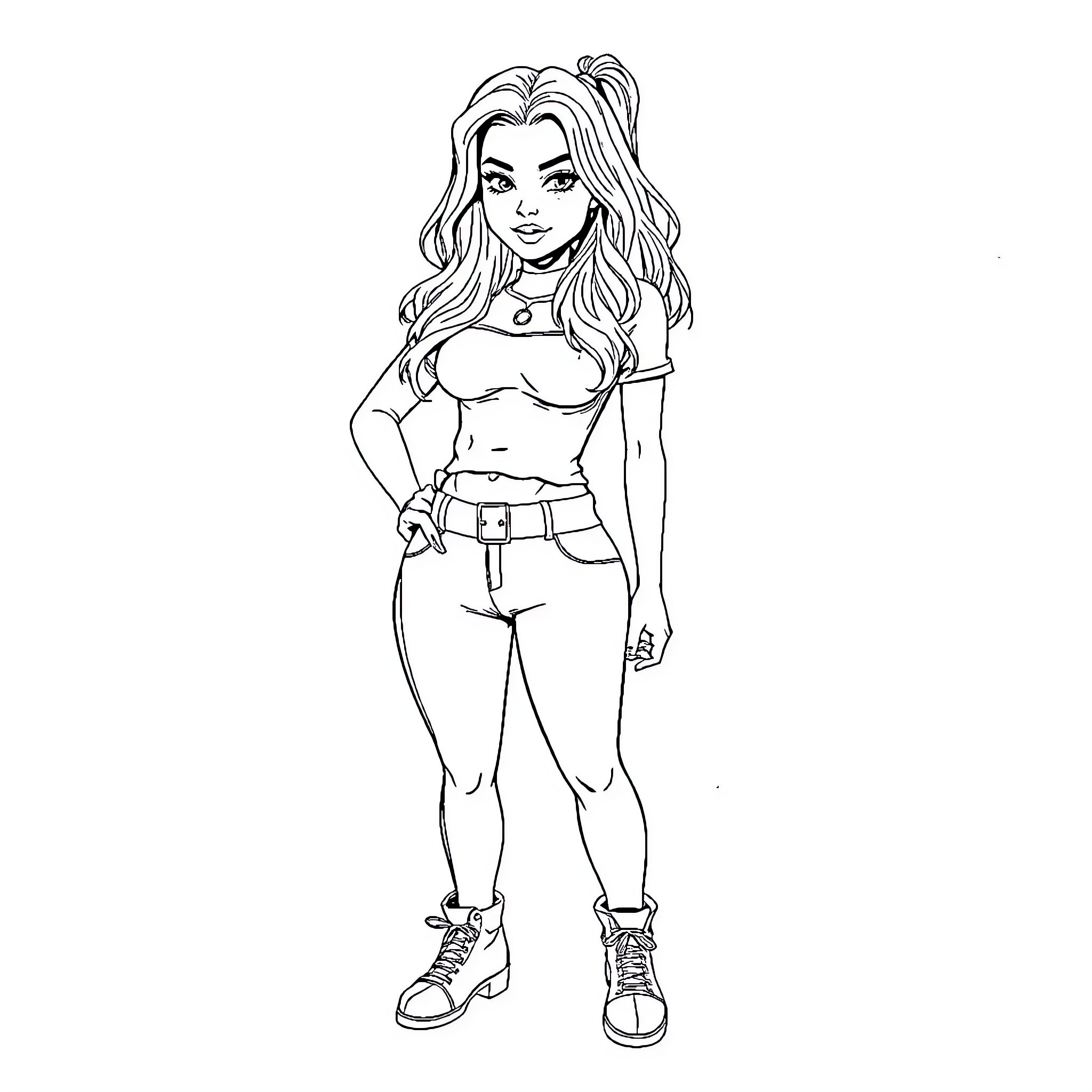 Sabrina Carpenter stylishly posing in casual attire Coloring Page (free black-and-white line drawing printable PDF for all, from beginners to advanced learners, including children, teens, adults, and seniors)