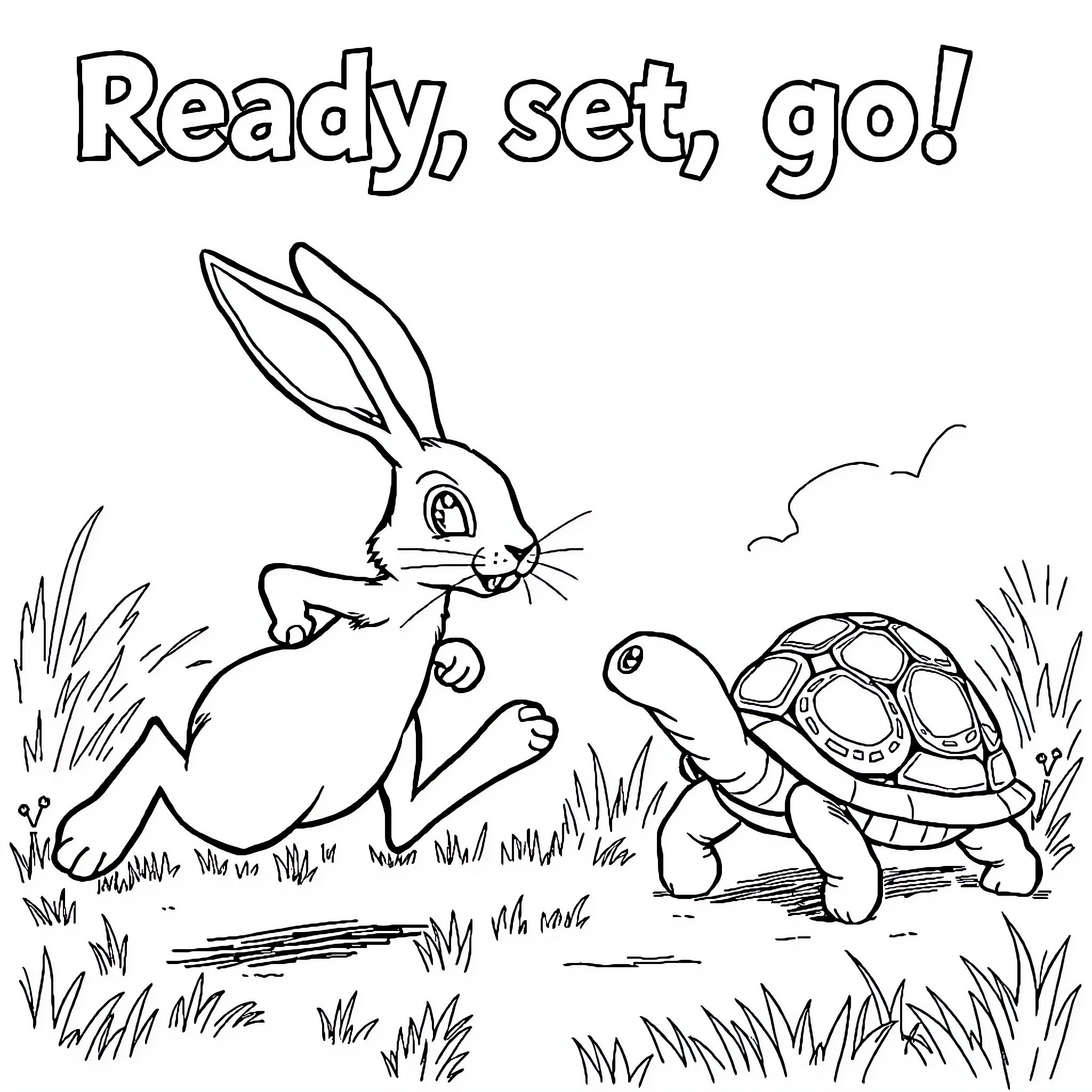 Hare racing against a turtle in a field Coloring Page (free black-and-white line drawing printable PDF for all, from beginners to advanced learners, including children, teens, adults, and seniors)