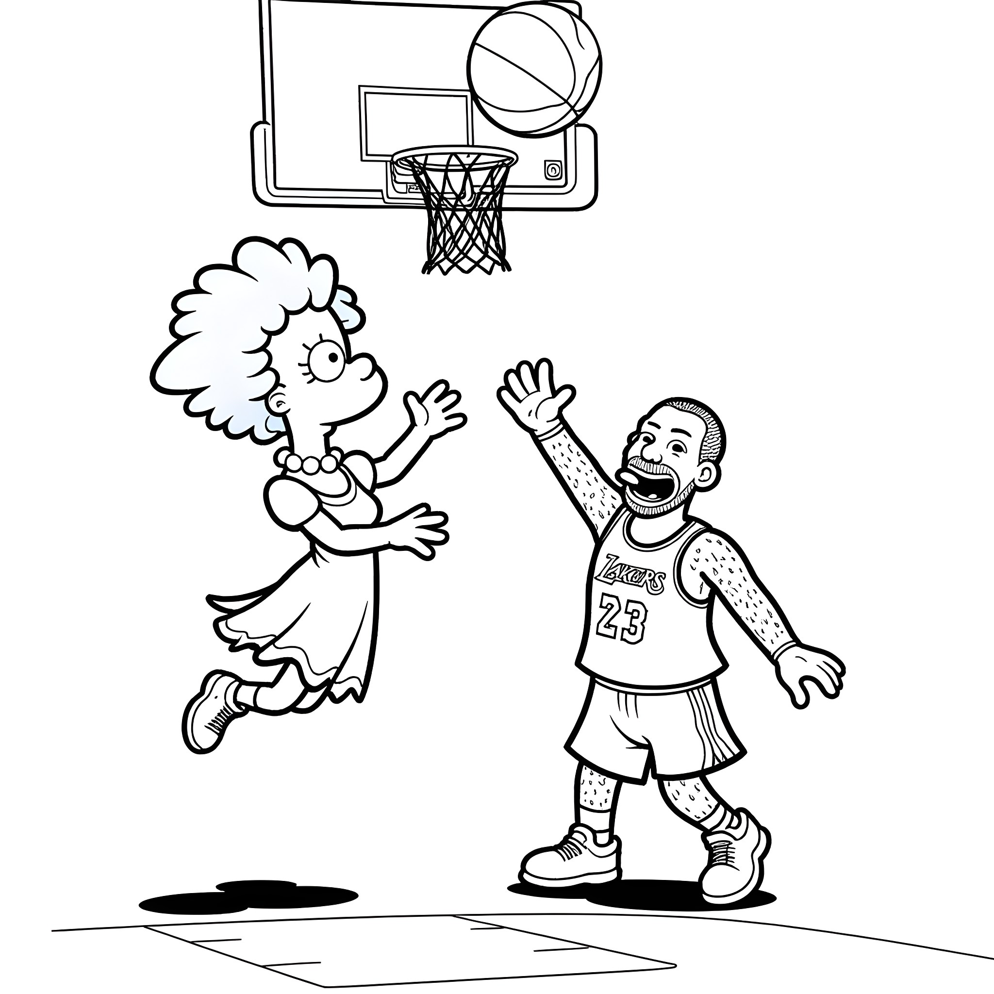 Marge Simpson playing basketball with friend Coloring Page (free black-and-white line drawing printable PDF for all, from beginners to advanced learners, including children, teens, adults, and seniors)