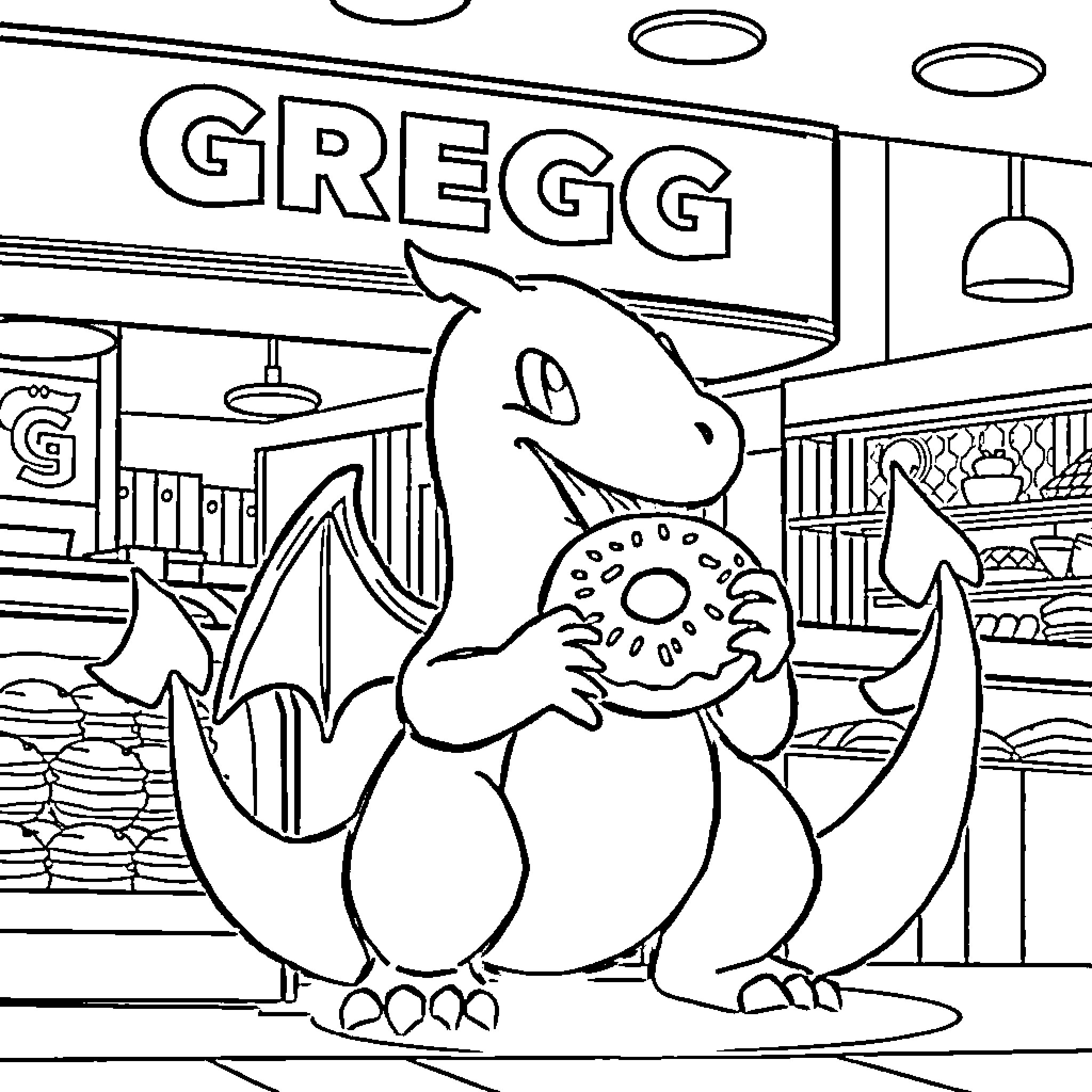 Charizard enjoying a tasty snack at the Gregg store Coloring Page (free black-and-white line drawing printable PDF for all, from beginners to advanced learners, including children, teens, adults, and seniors)