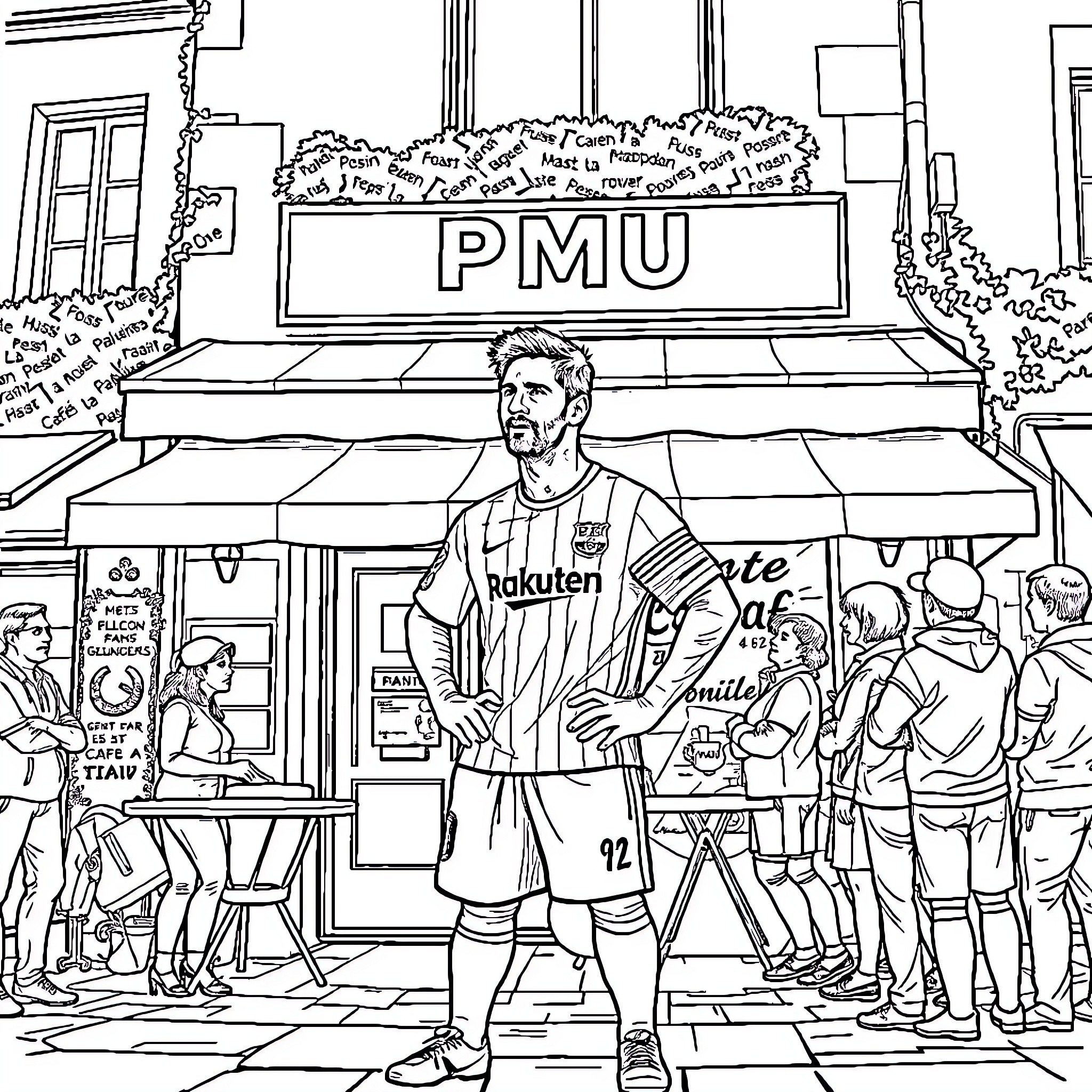 Lionel Messi standing outside the PMU building Coloring Page (free black-and-white line drawing printable PDF for all, from beginners to advanced learners, including children, teens, adults, and seniors)
