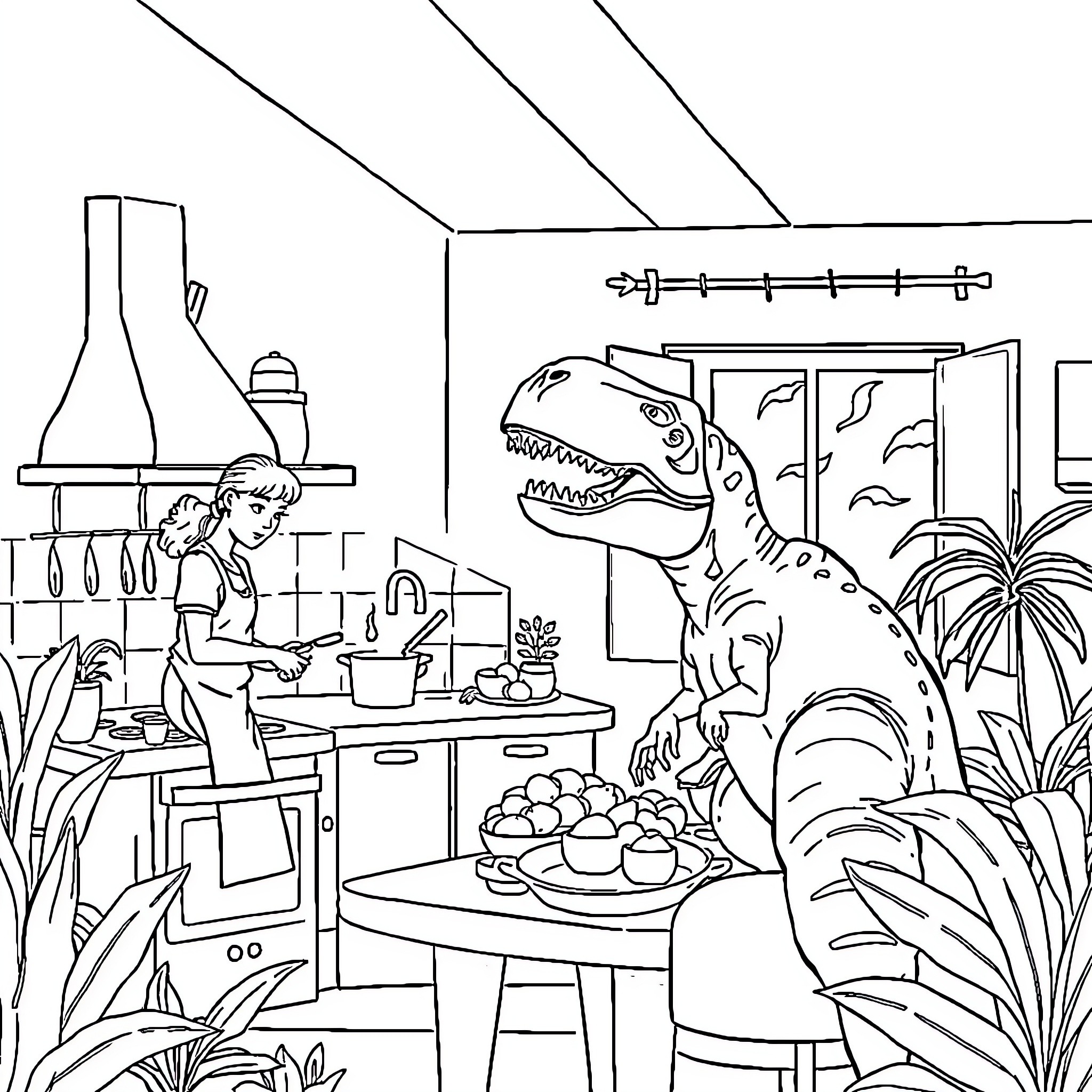 Tyrannosaurus Rex observing a chef in a kitchen Coloring Page (free black-and-white line drawing printable PDF for all, from beginners to advanced learners, including children, teens, adults, and seniors)