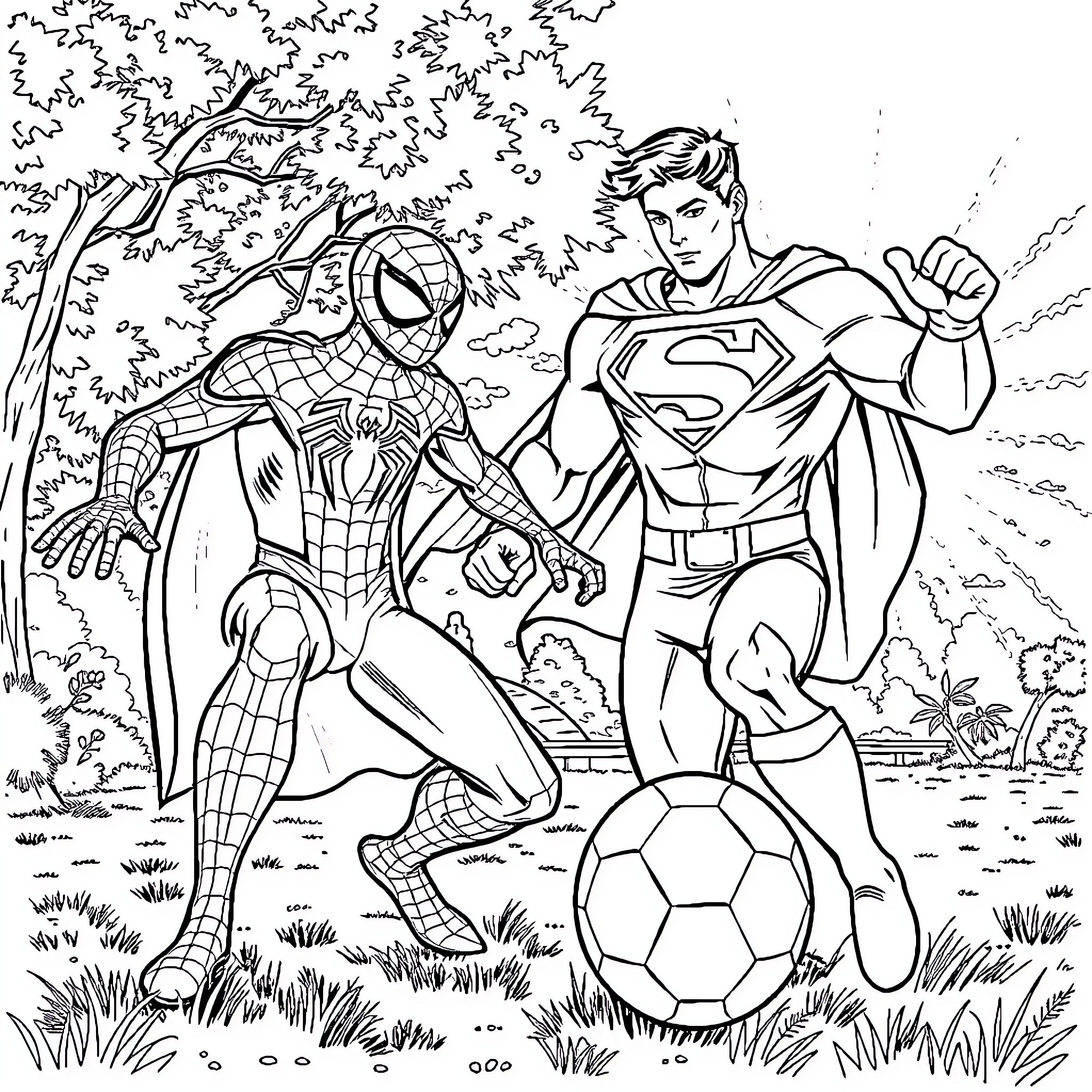 Spider-Man and Superman playing soccer in the park Coloring Page (free black-and-white line drawing printable PDF for all, from beginners to advanced learners, including children, teens, adults, and seniors)