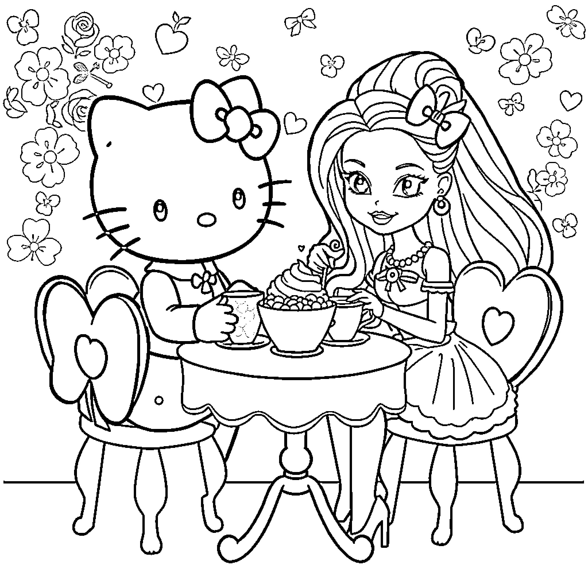 Hello Kitty and friends enjoying a tea party Coloring Page (free black-and-white line drawing printable PDF for all, from beginners to advanced learners, including children, teens, adults, and seniors)