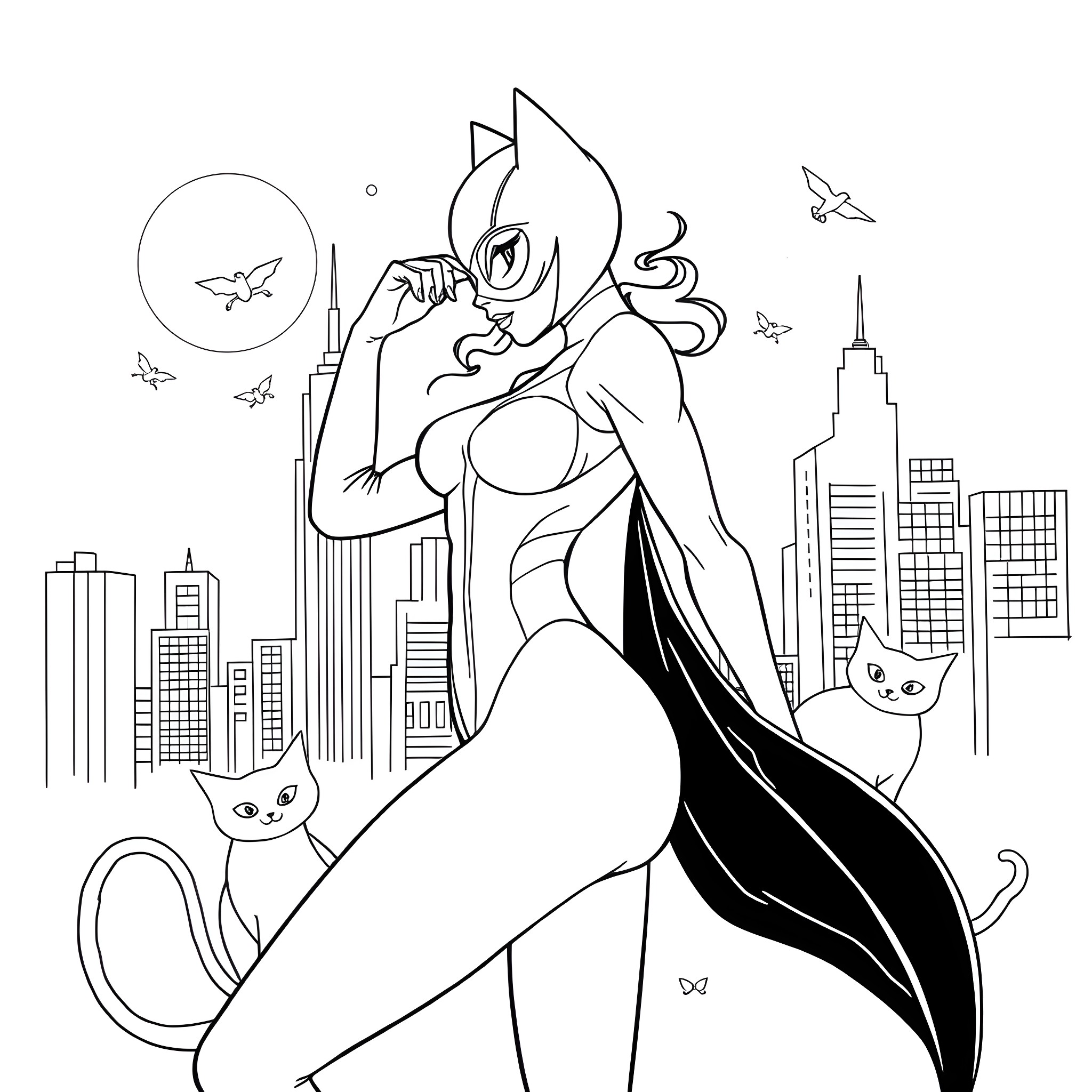 Catwoman prowling through the city skyline Coloring Page (free black-and-white line drawing printable PDF for all, from beginners to advanced learners, including children, teens, adults, and seniors)