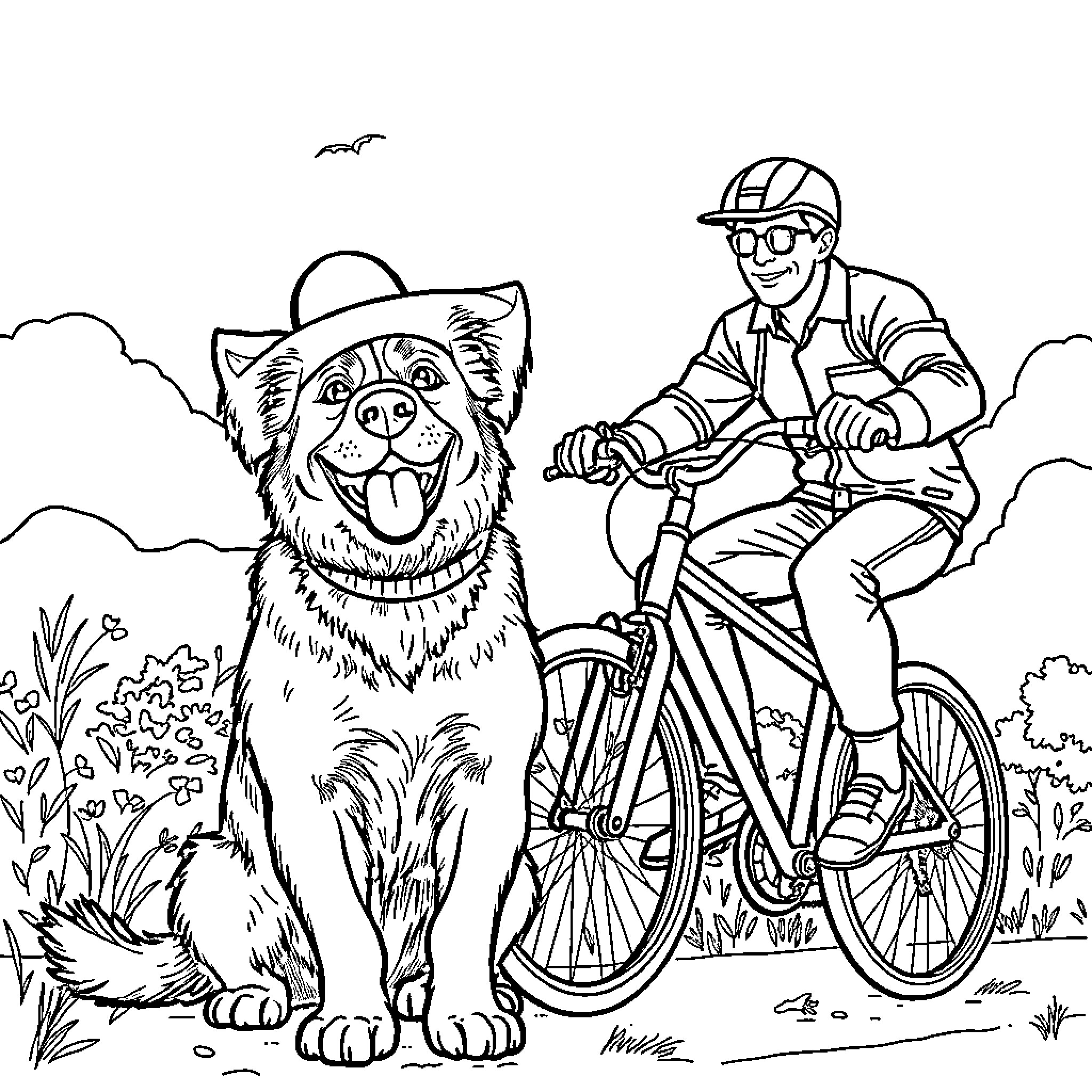 Dog playing with cyclist in the park Coloring Page (free black-and-white line drawing printable PDF for all, from beginners to advanced learners, including children, teens, adults, and seniors)