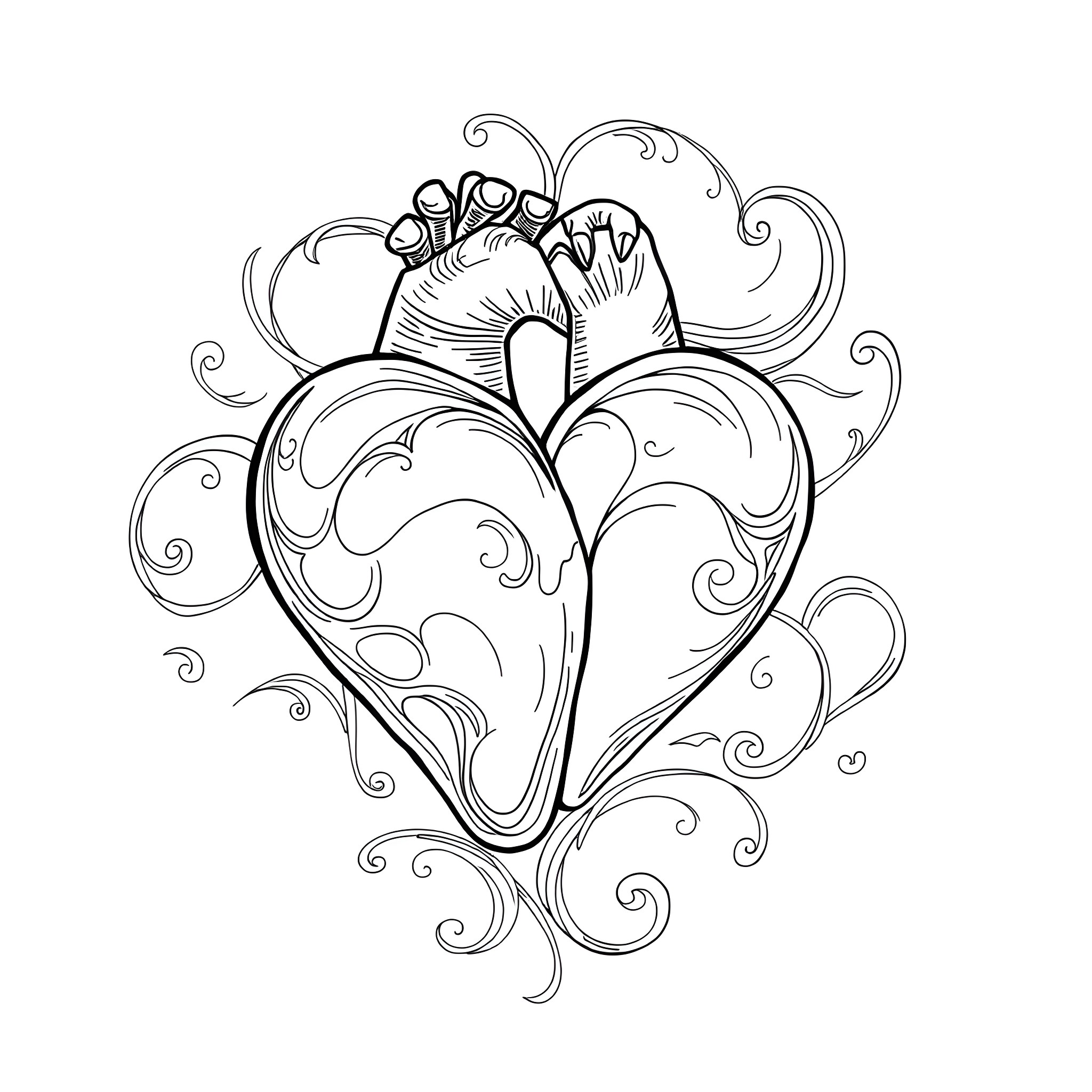 Heart Revealed in Swirling Abstract Design Coloring Page (free black-and-white line drawing printable PDF for all, from beginners to advanced learners, including children, teens, adults, and seniors)