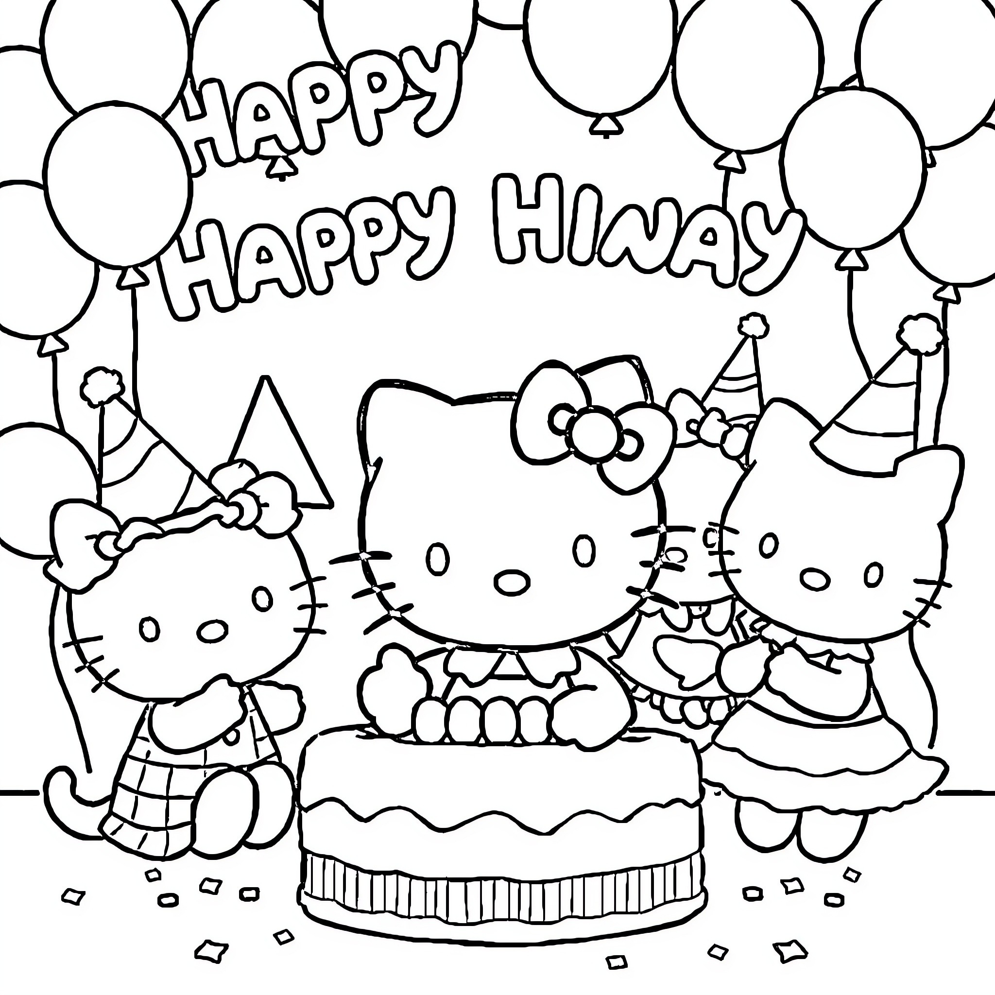 Hello Kitty celebrating a happy birthday party Coloring Page (free black-and-white line drawing printable PDF for all, from beginners to advanced learners, including children, teens, adults, and seniors)